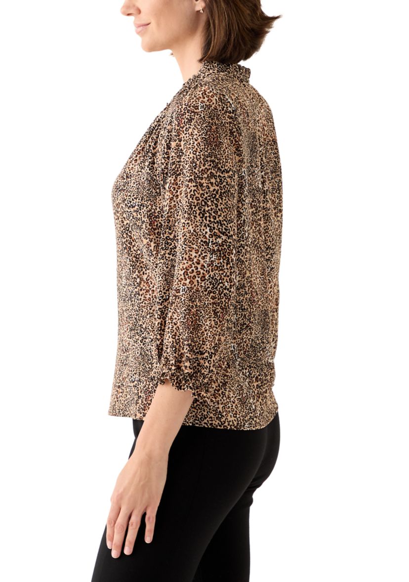 Womens 3/4 Sleeve Printed Split Neck Blouse with Button Front