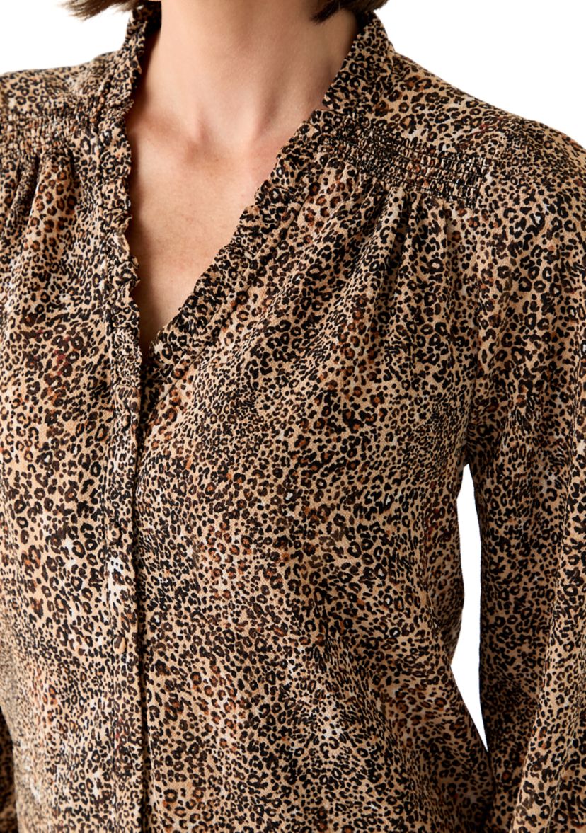 Womens 3/4 Sleeve Printed Split Neck Blouse with Button Front