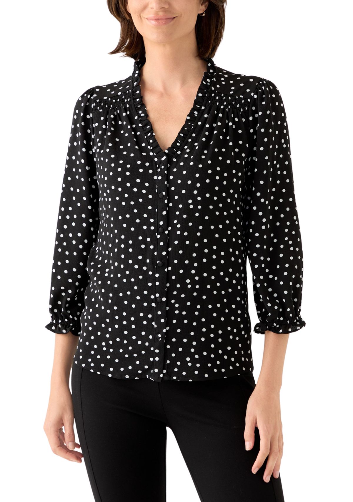 Womens 3/4 Sleeve Printed Split Neck Blouse with Button Front