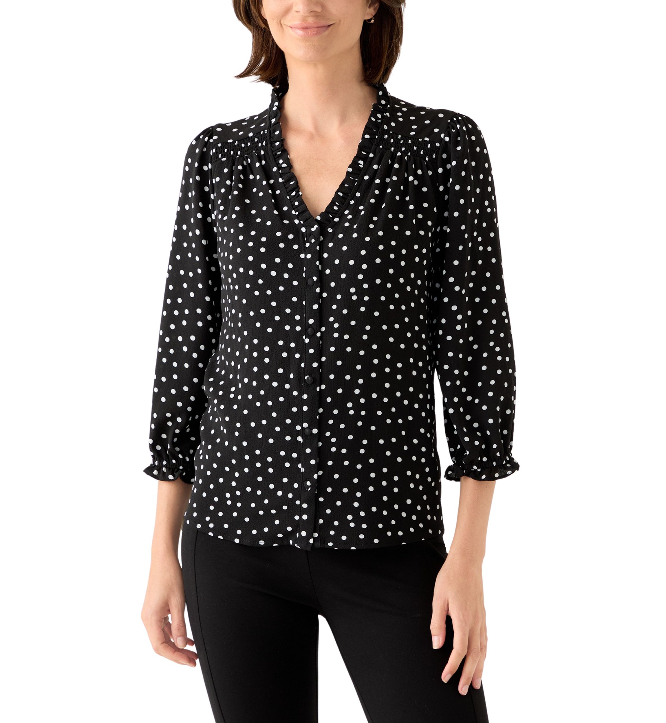 Womens 3/4 Sleeve Printed Split Neck Blouse with Button Front