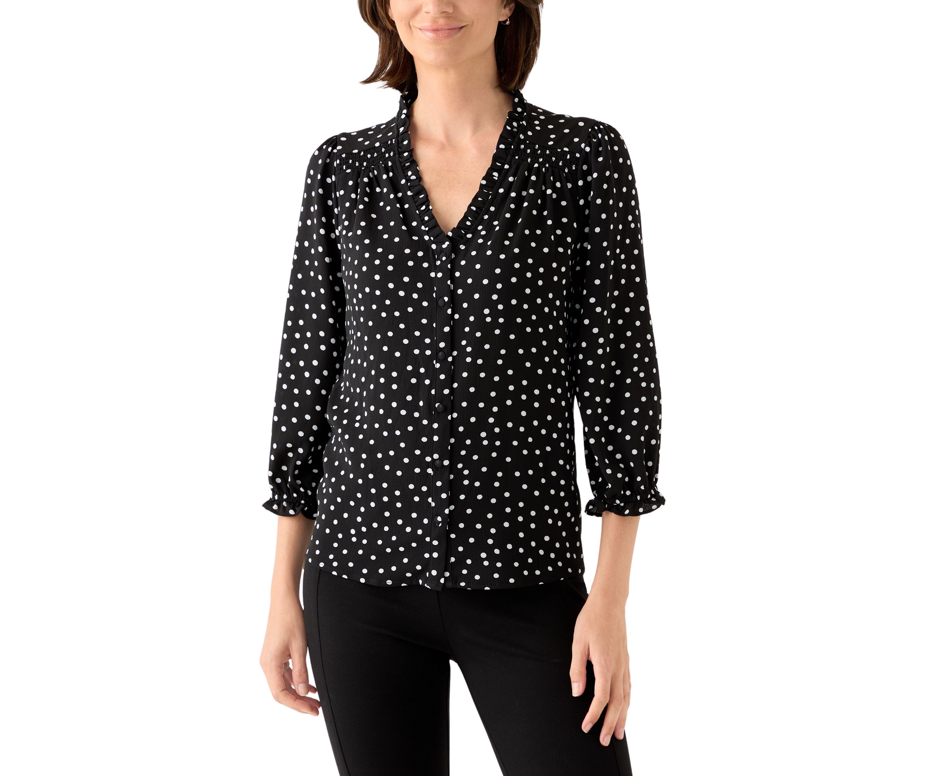 Womens 3/4 Sleeve Printed Split Neck Blouse with Button Front