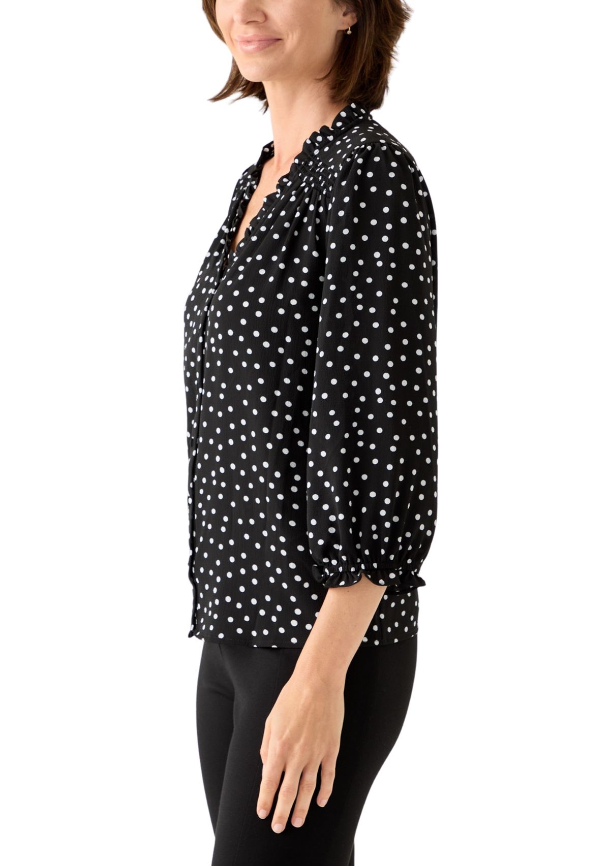 Womens 3/4 Sleeve Printed Split Neck Blouse with Button Front