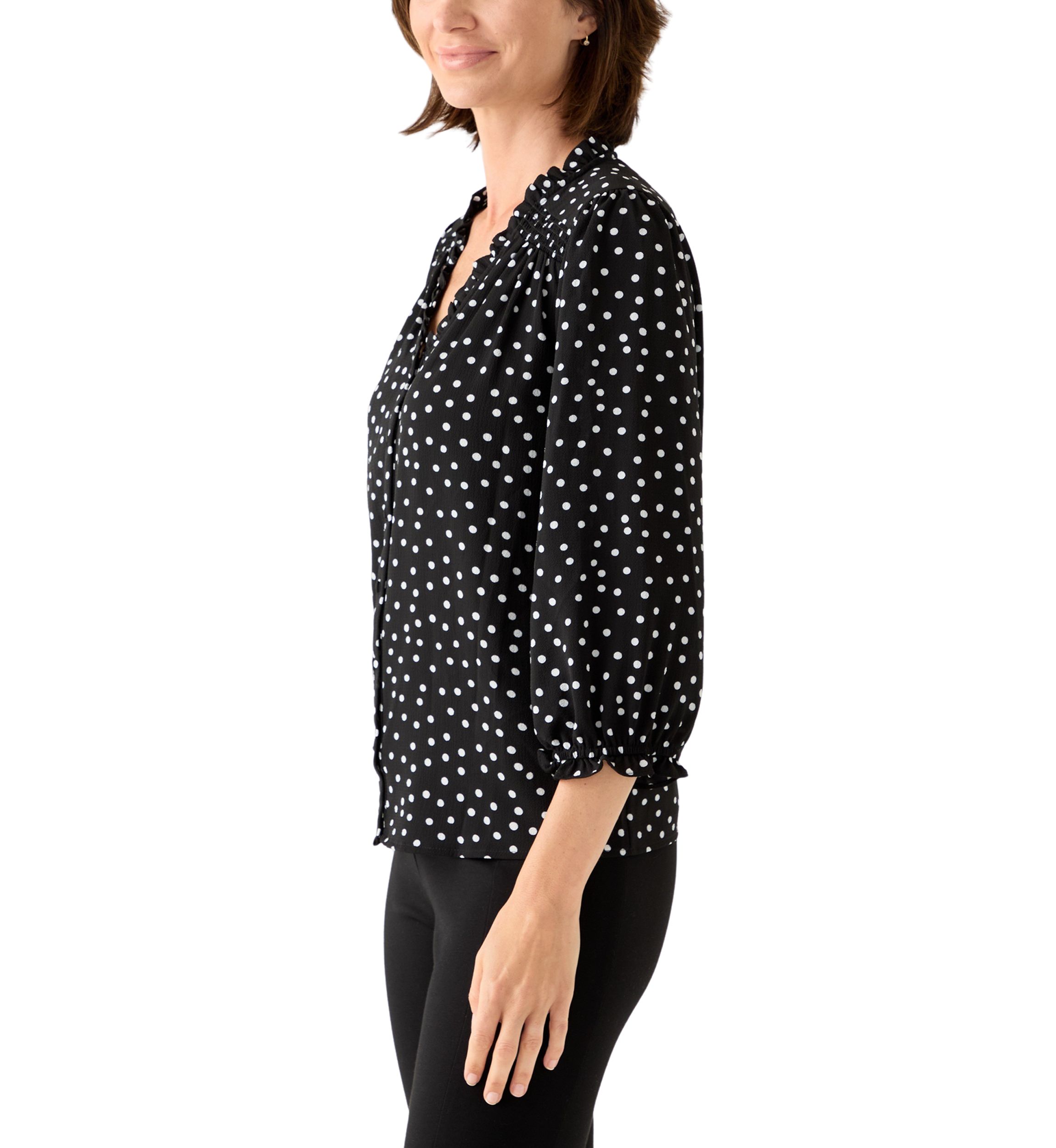 Womens 3/4 Sleeve Printed Split Neck Blouse with Button Front