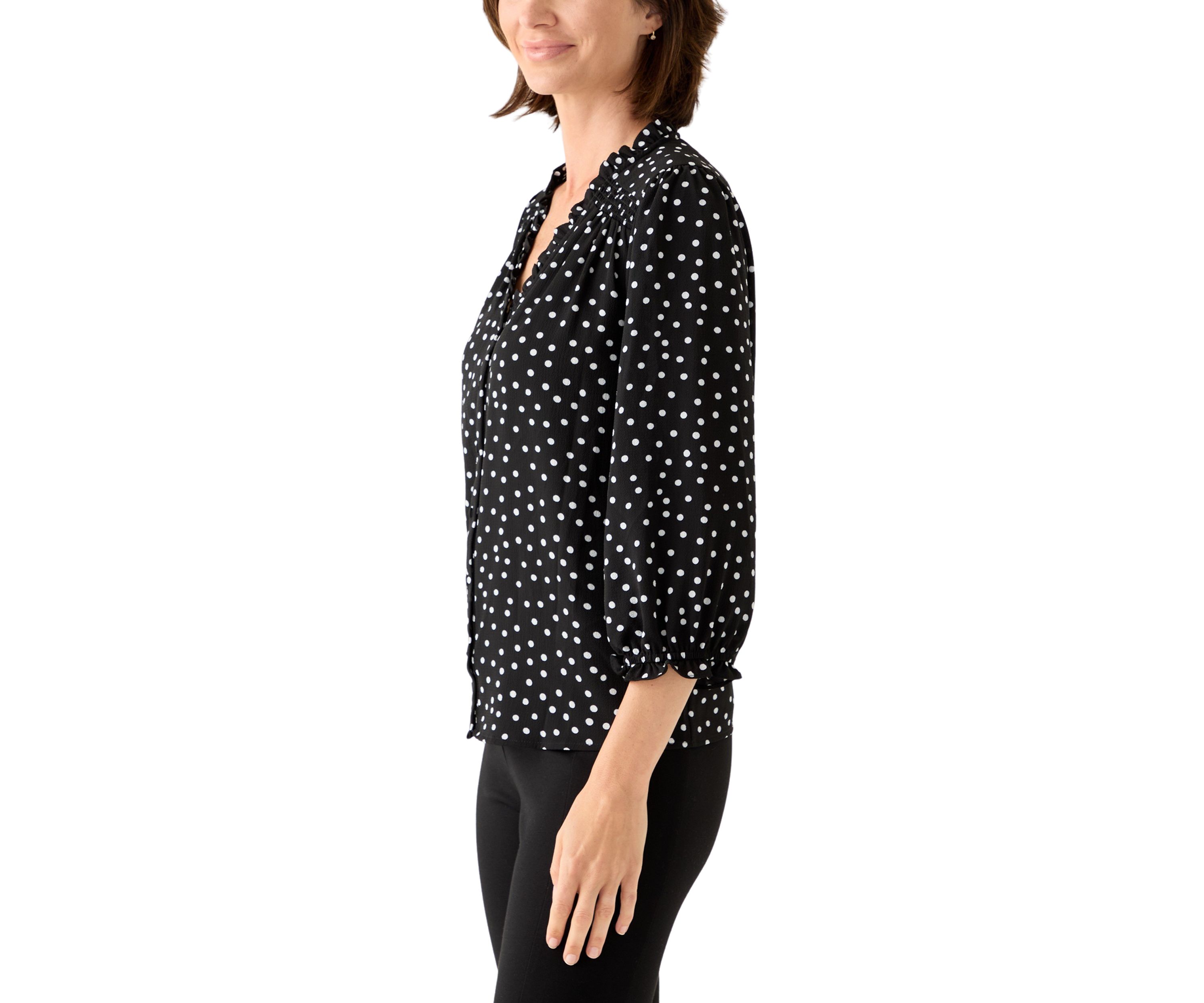Womens 3/4 Sleeve Printed Split Neck Blouse with Button Front