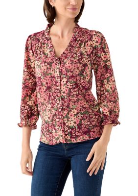 CeCe Women's 3/4 Sleeve Printed Split Neck Blouse with Button Front