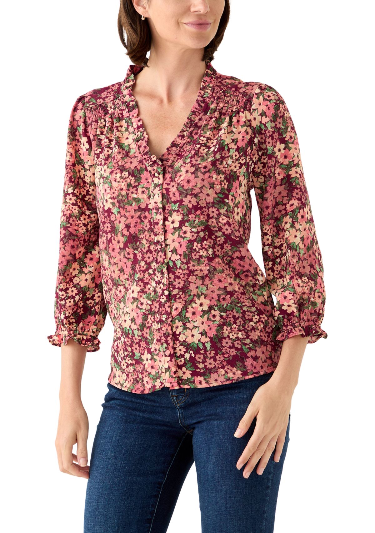 Womens 3/4 Sleeve Printed Split Neck Blouse with Button Front