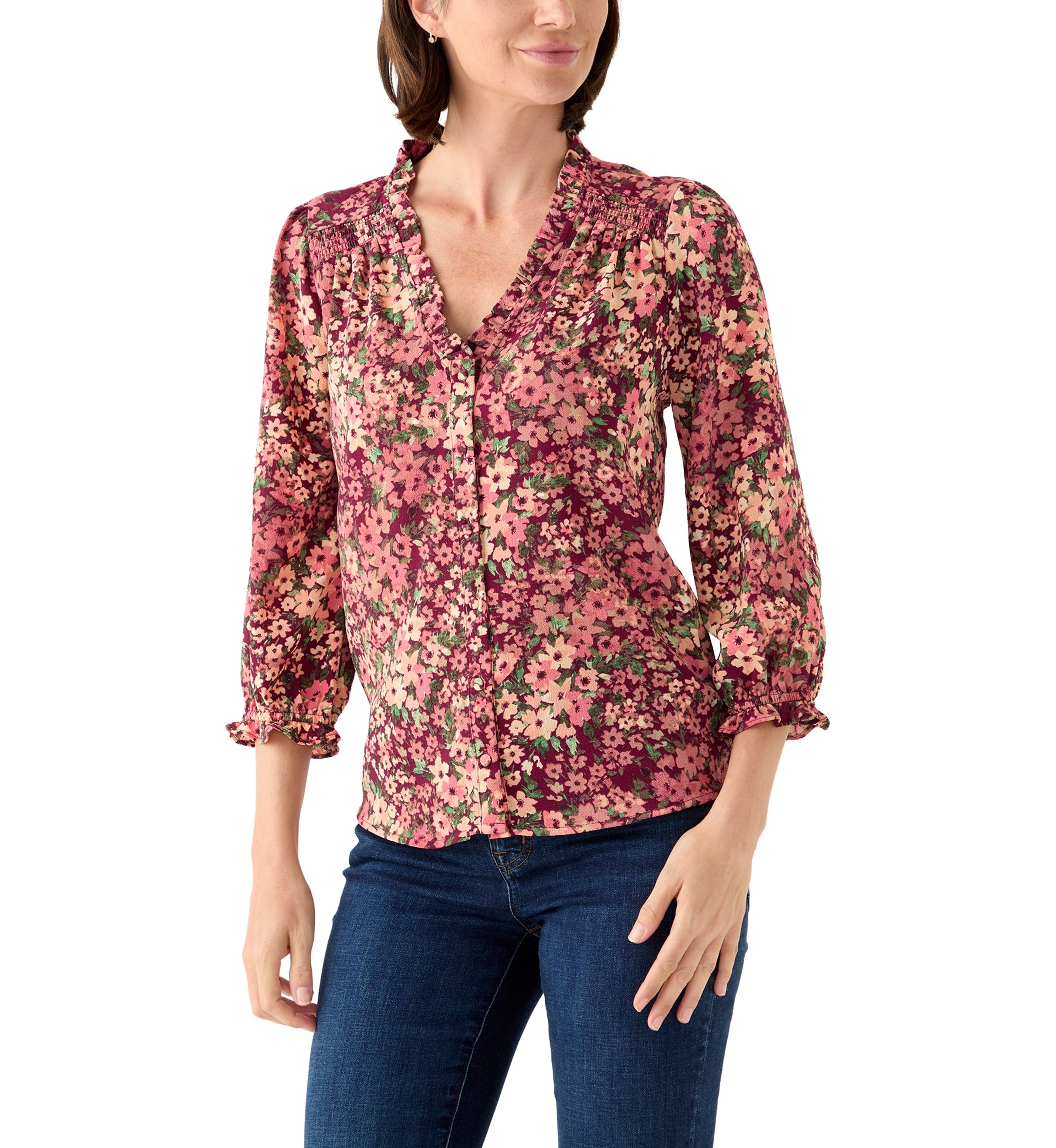 Womens 3/4 Sleeve Printed Split Neck Blouse with Button Front