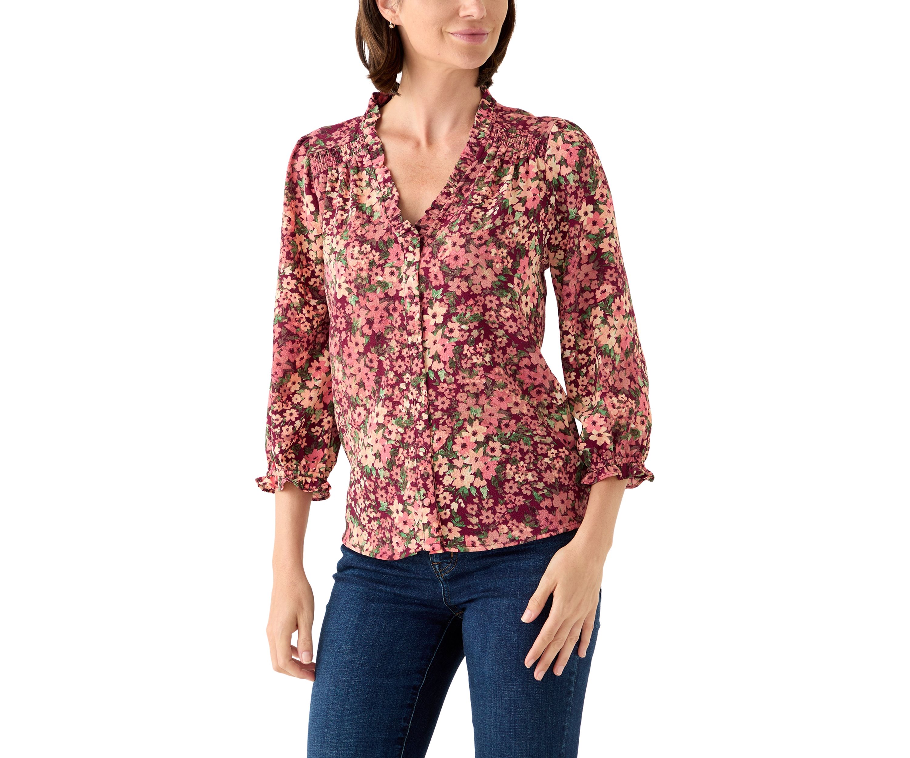 Womens 3/4 Sleeve Printed Split Neck Blouse with Button Front
