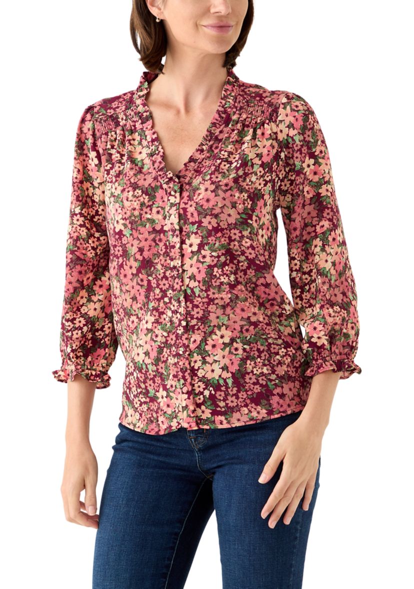 Womens 3/4 Sleeve Printed Split Neck Blouse with Button Front