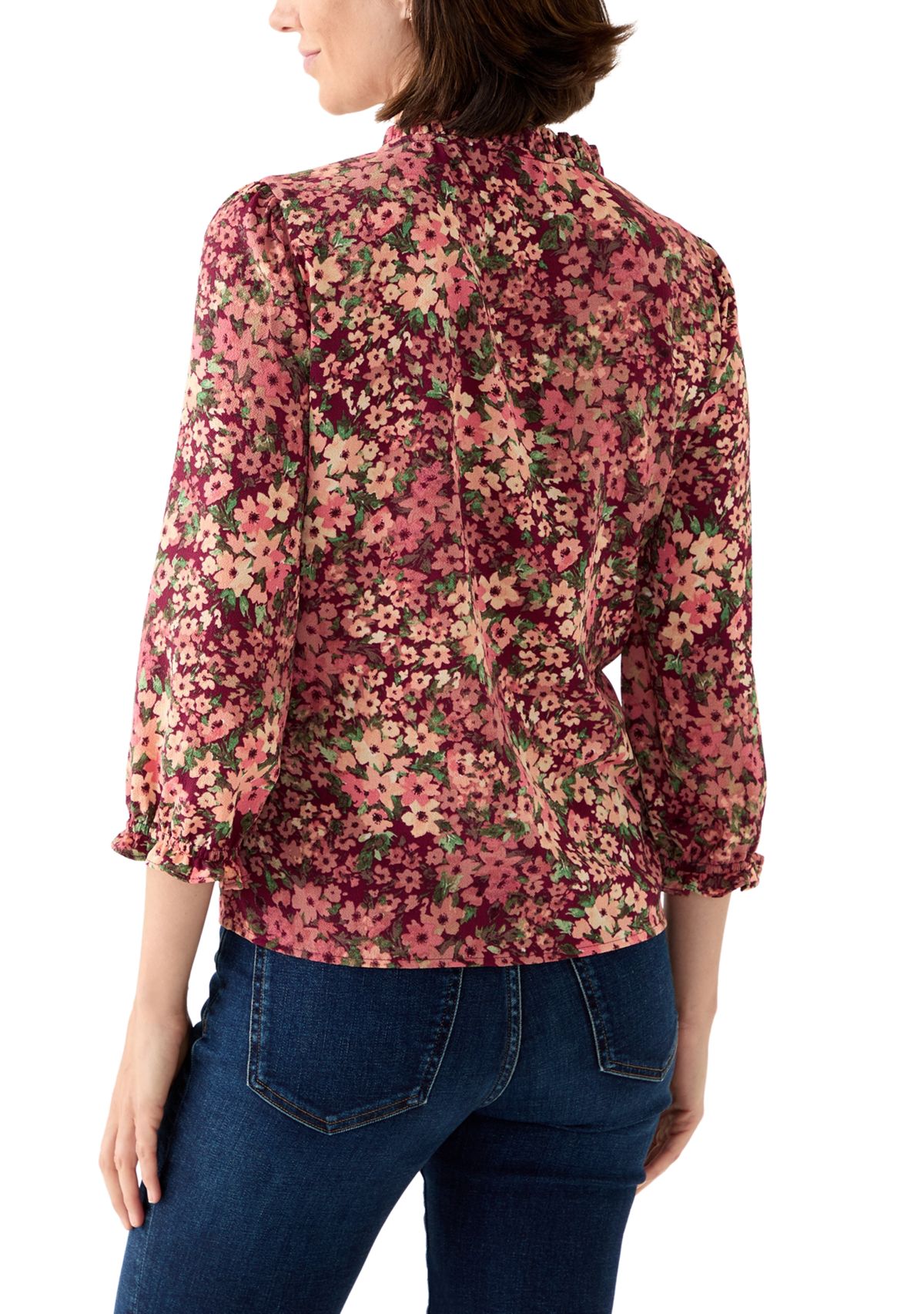 Womens 3/4 Sleeve Printed Split Neck Blouse with Button Front