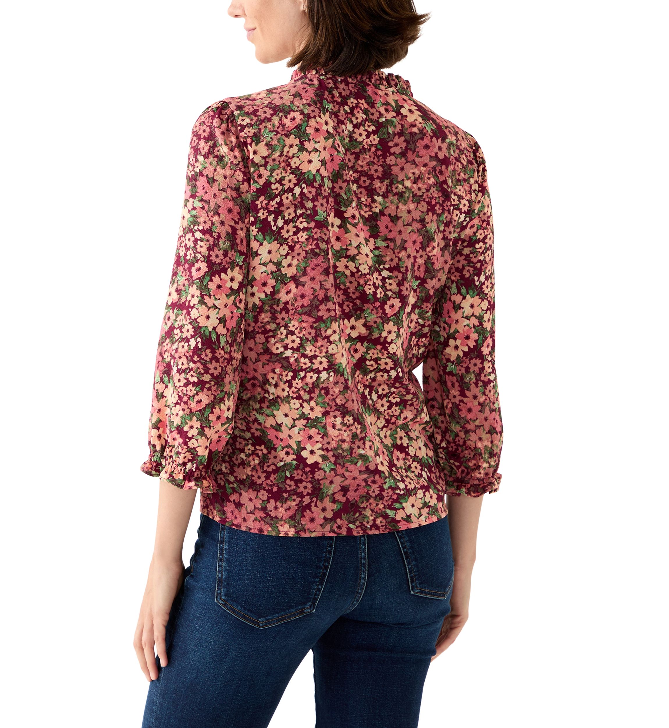Womens 3/4 Sleeve Printed Split Neck Blouse with Button Front