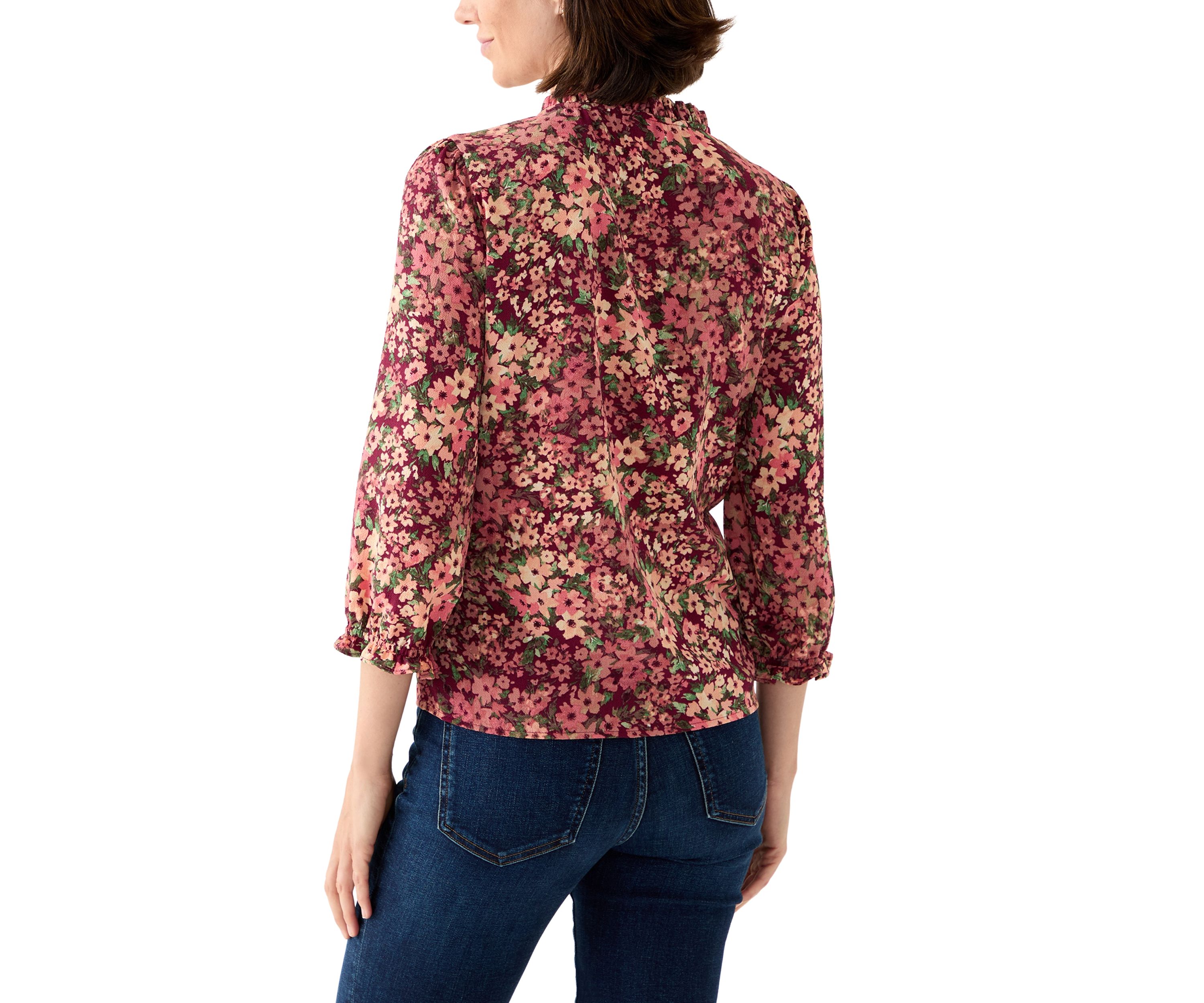Womens 3/4 Sleeve Printed Split Neck Blouse with Button Front