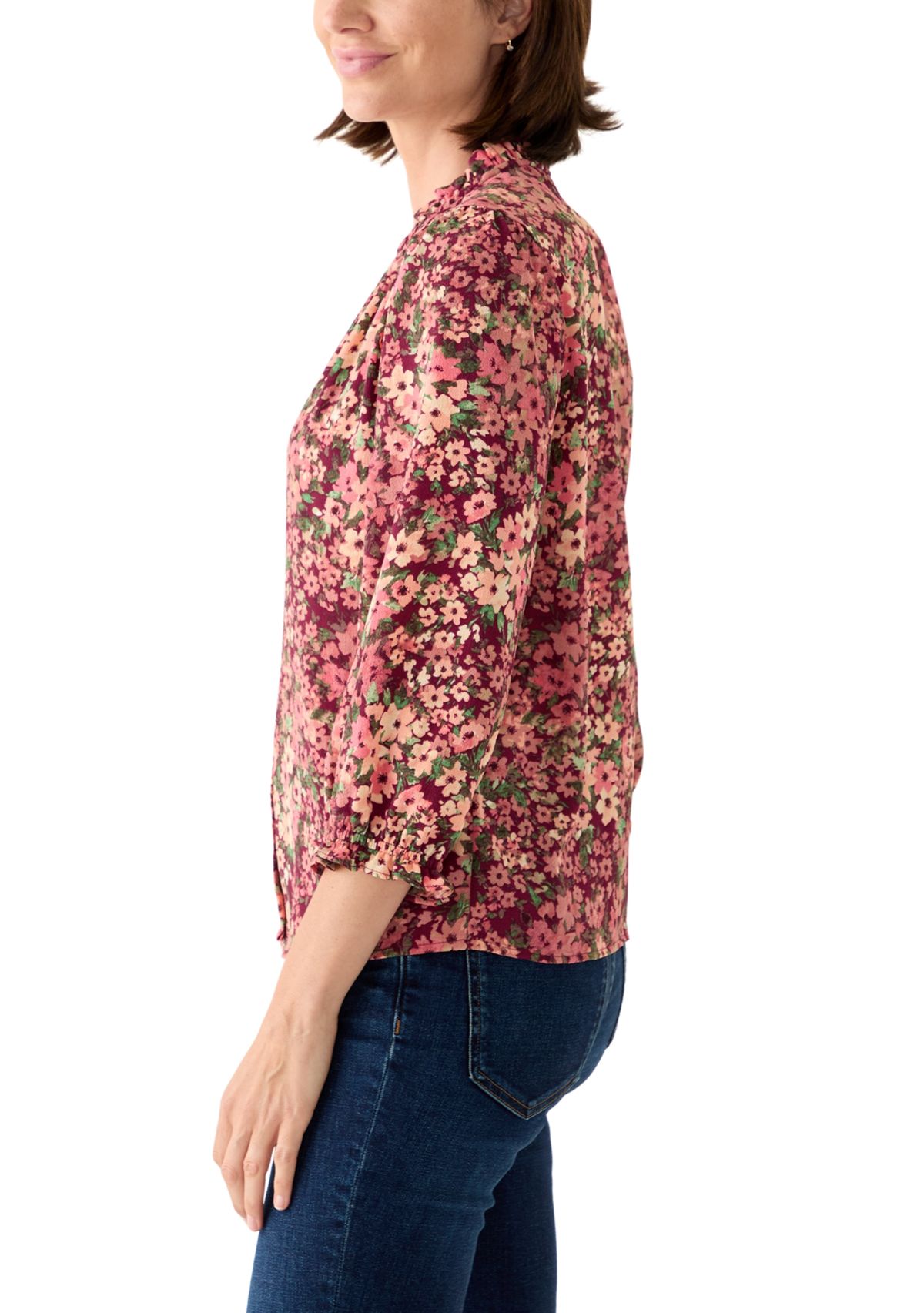 Womens 3/4 Sleeve Printed Split Neck Blouse with Button Front