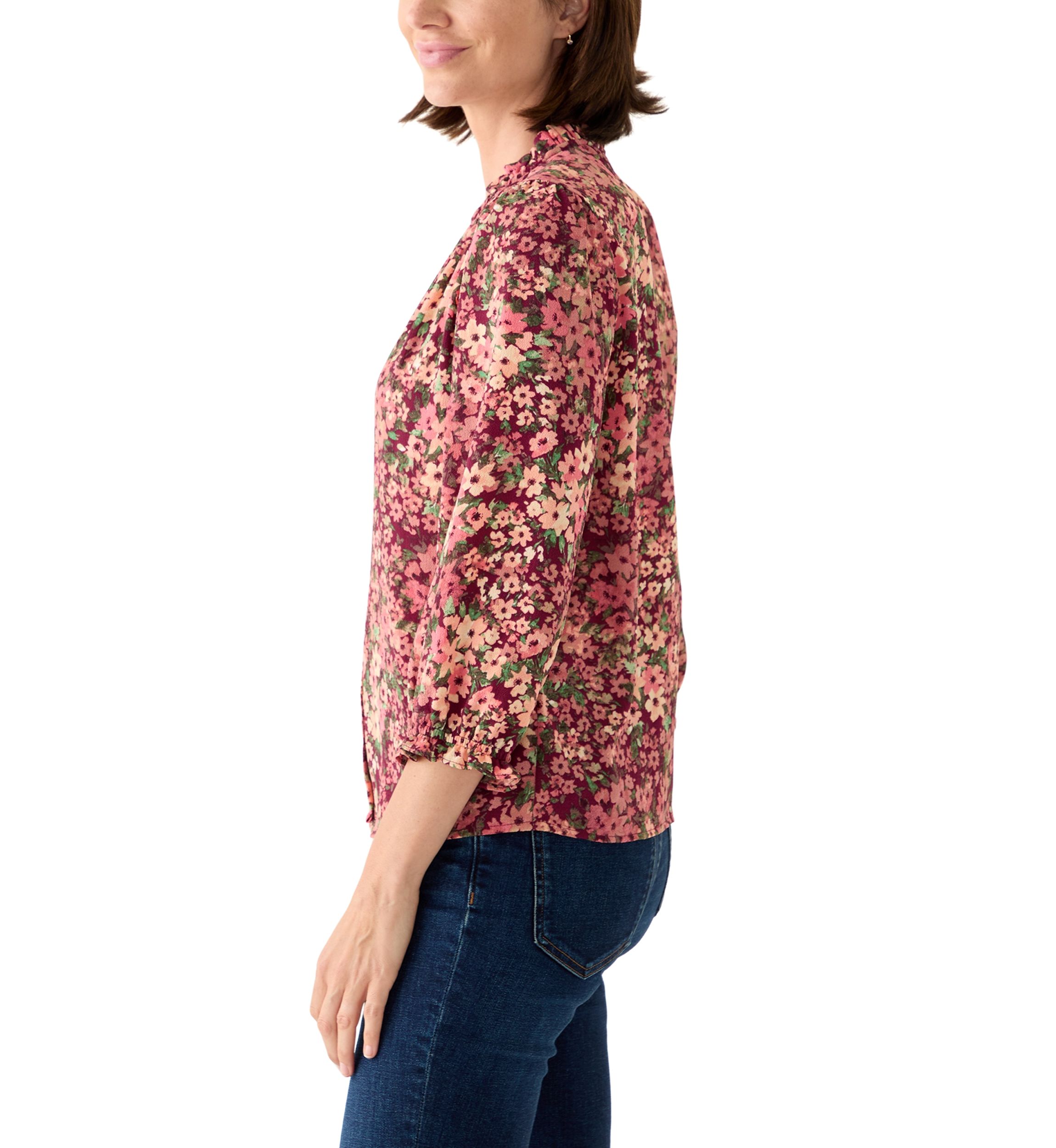 Womens 3/4 Sleeve Printed Split Neck Blouse with Button Front
