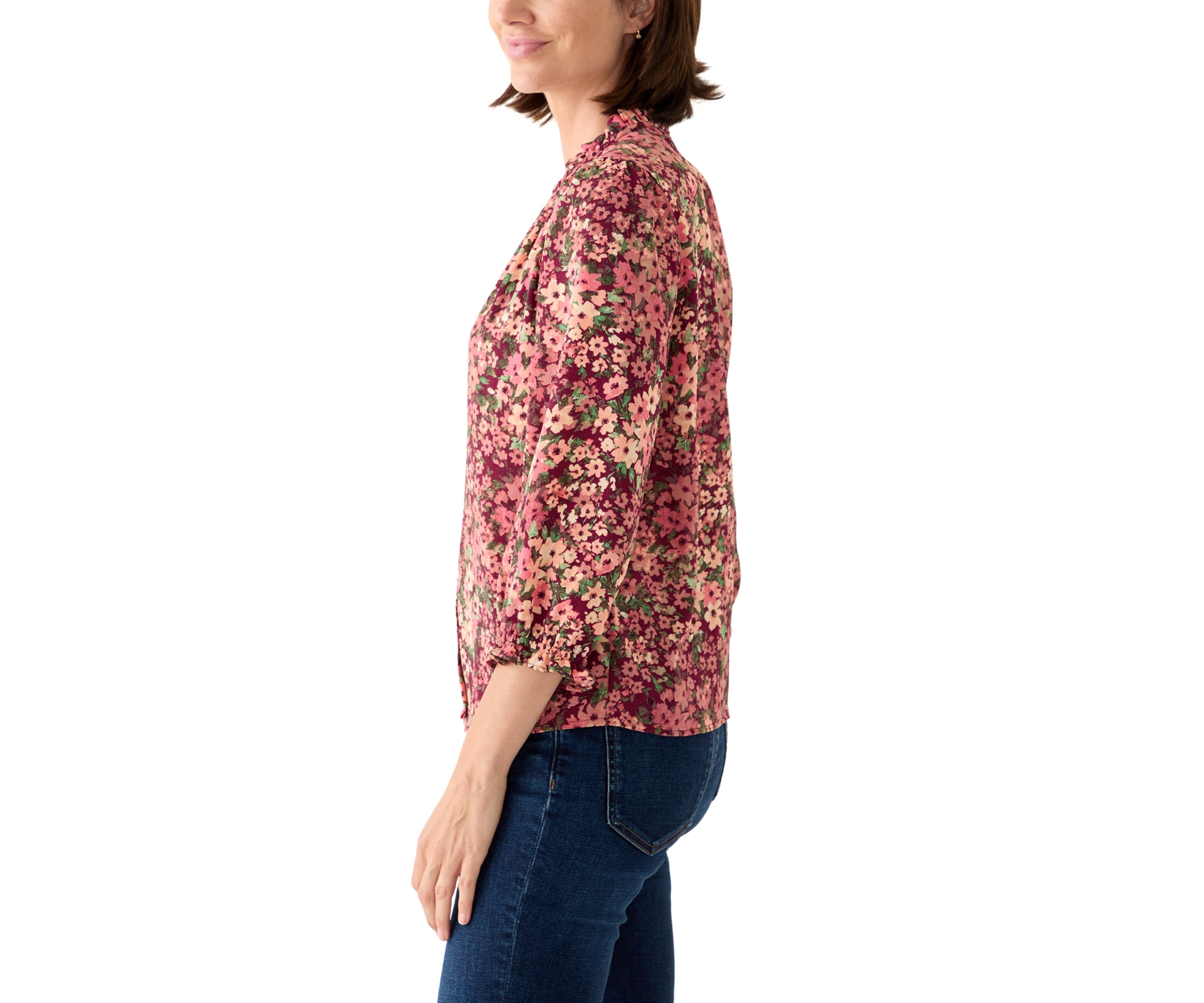 Womens 3/4 Sleeve Printed Split Neck Blouse with Button Front