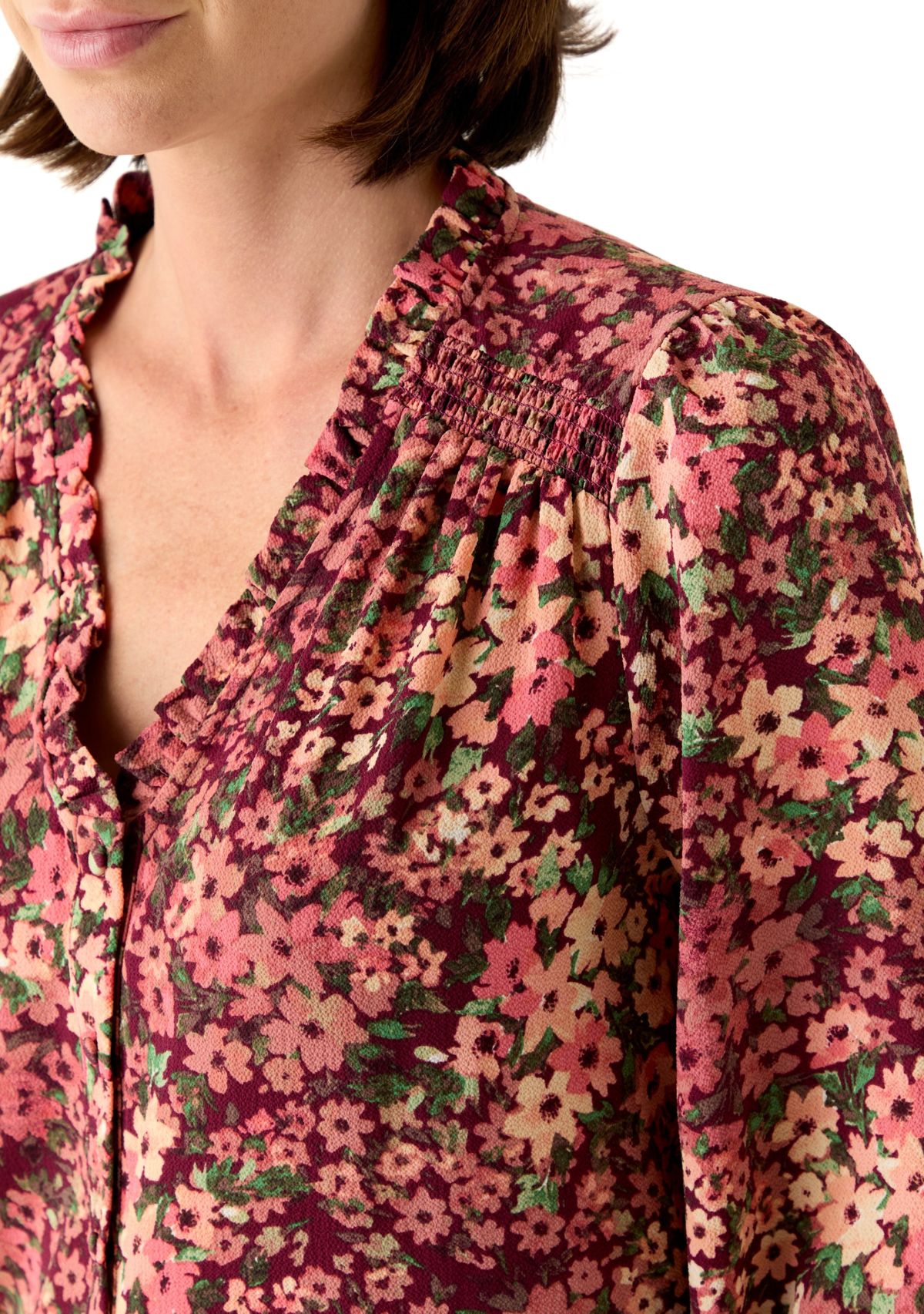 Womens 3/4 Sleeve Printed Split Neck Blouse with Button Front