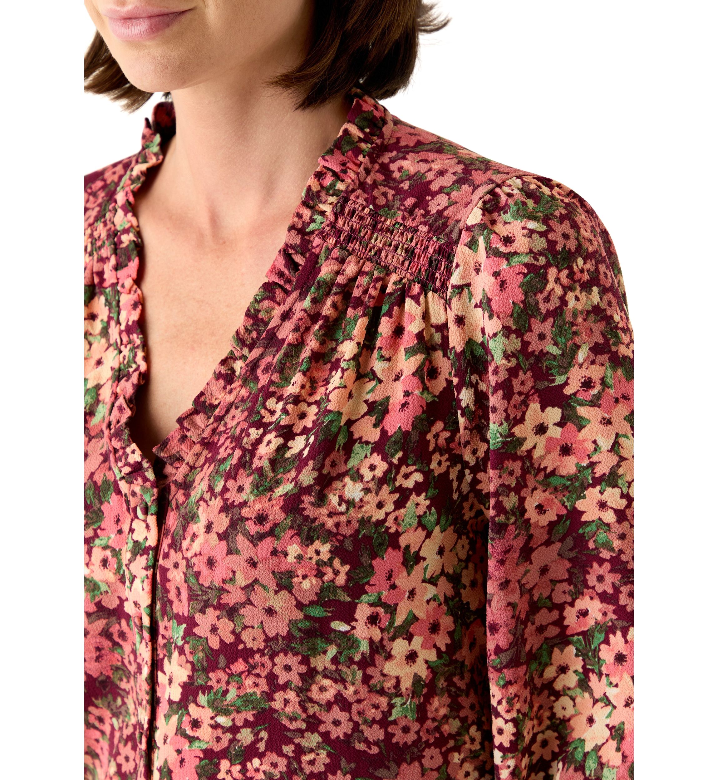Womens 3/4 Sleeve Printed Split Neck Blouse with Button Front