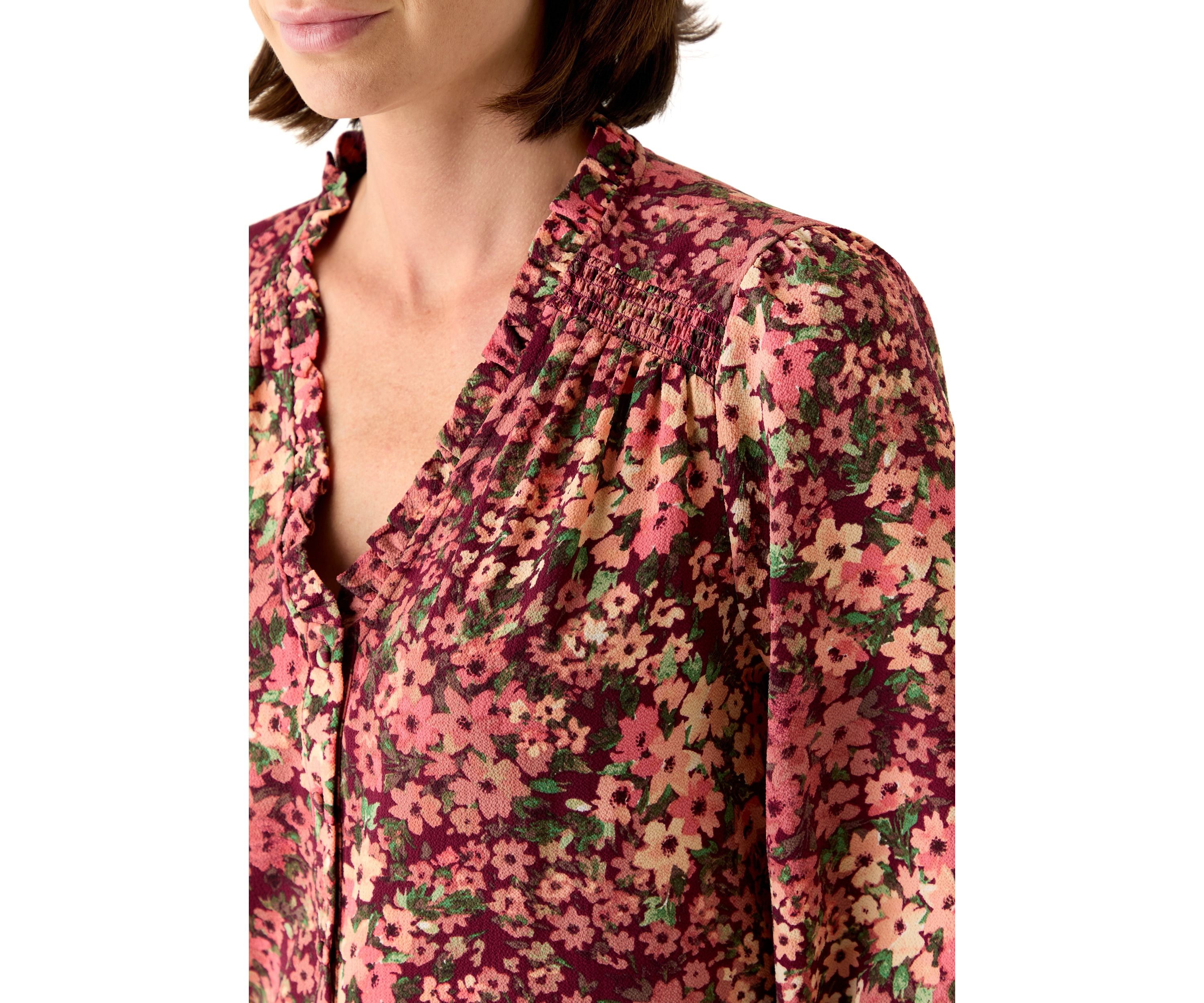 Womens 3/4 Sleeve Printed Split Neck Blouse with Button Front