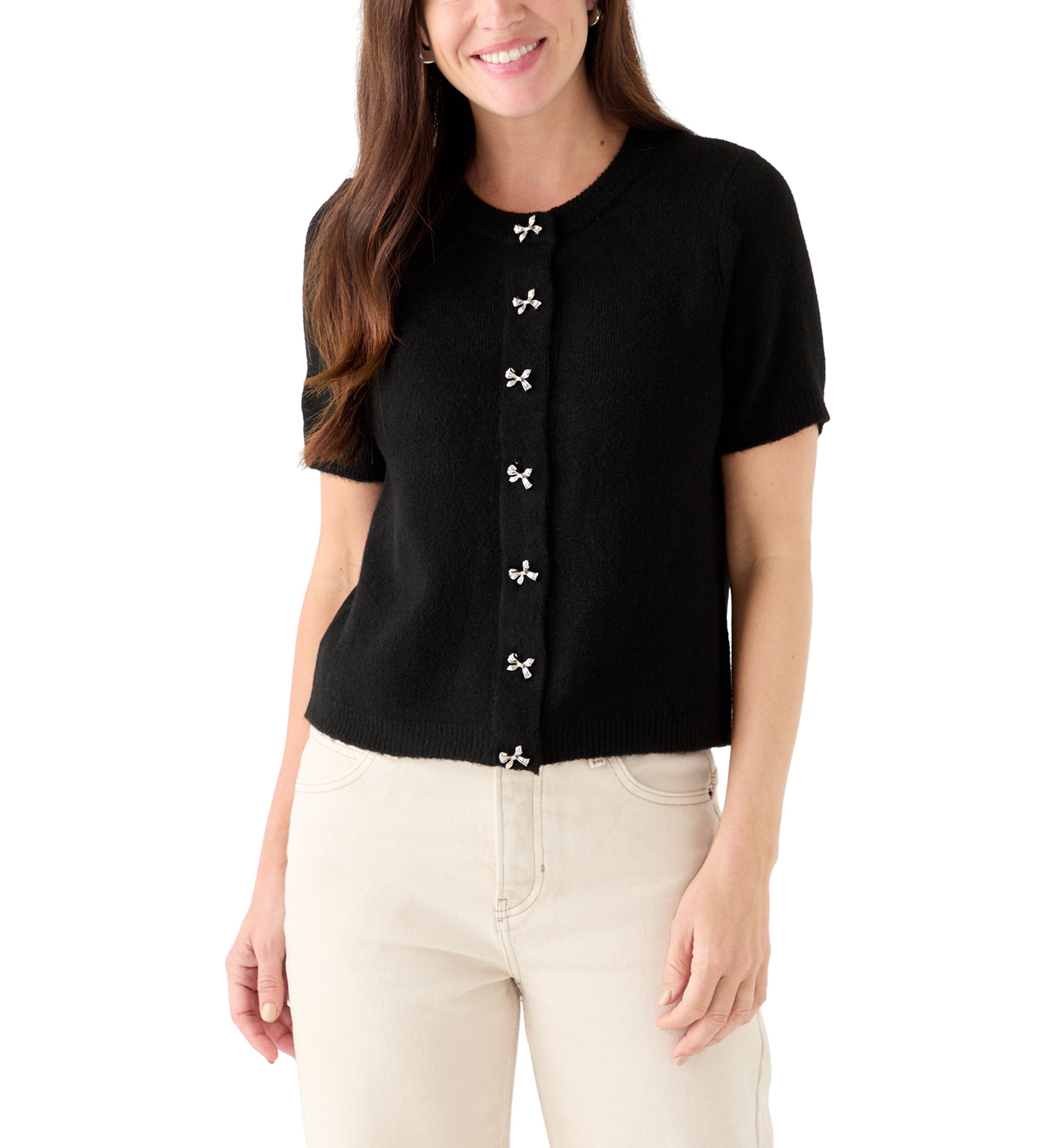 Womens Short Sleeve Bling Bow Button Cardigan 