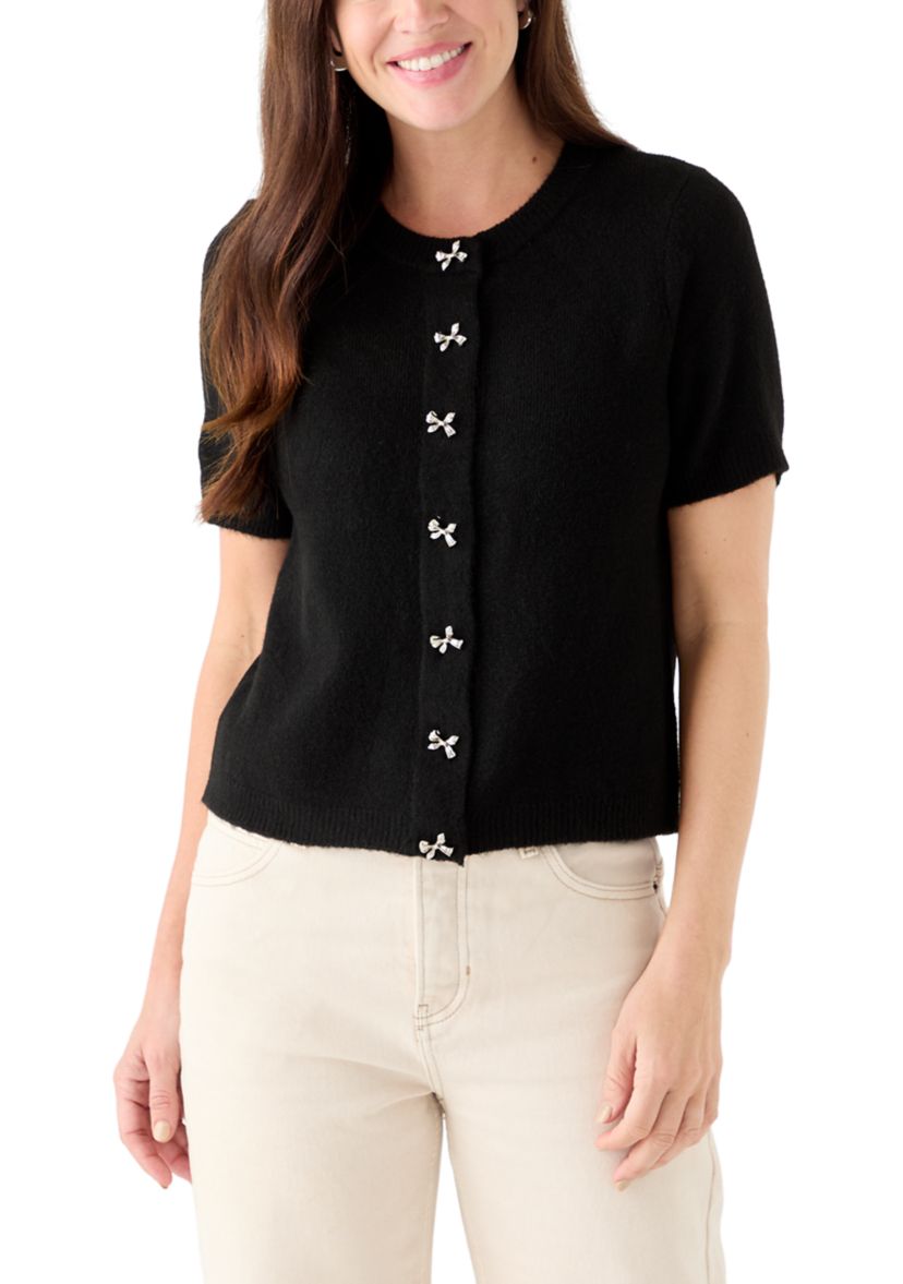 Womens Short Sleeve Bling Bow Button Cardigan 