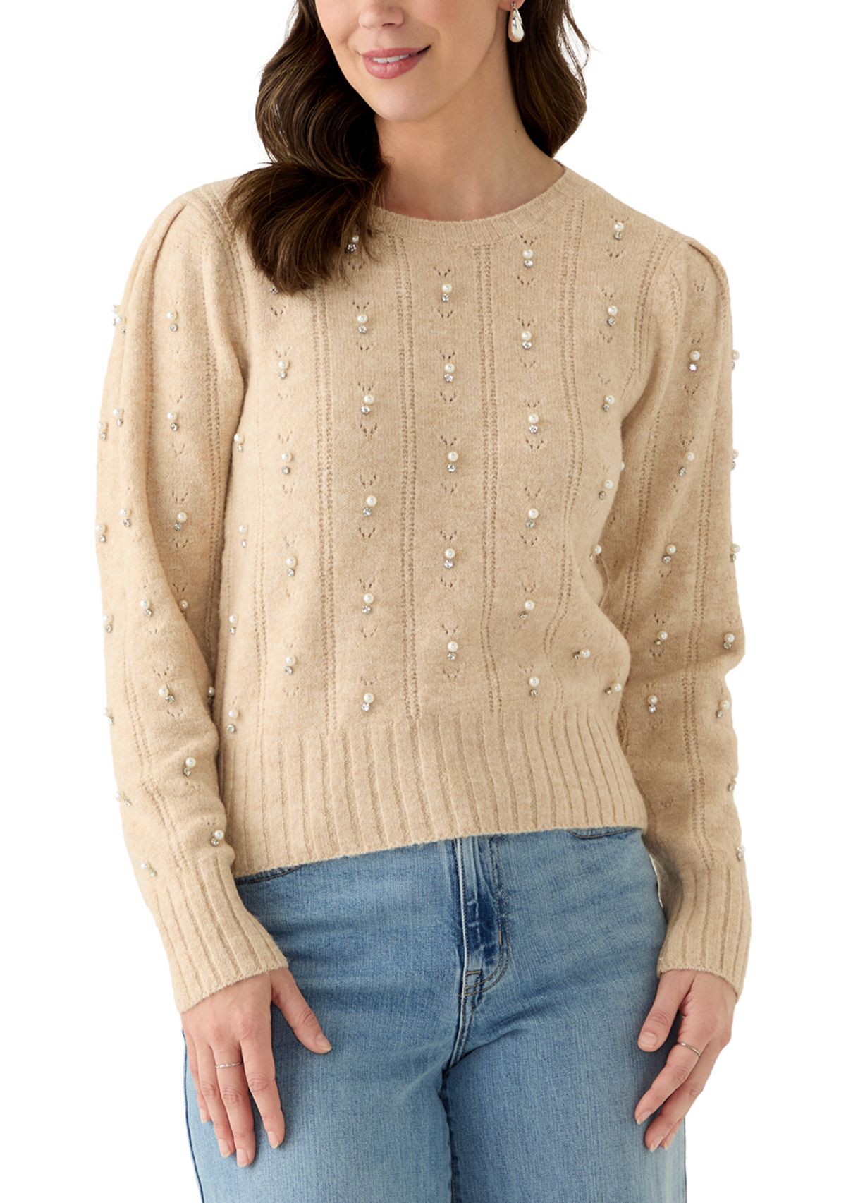 Womens Long Sleeve Pearl Embellished Cable Knit Sweater