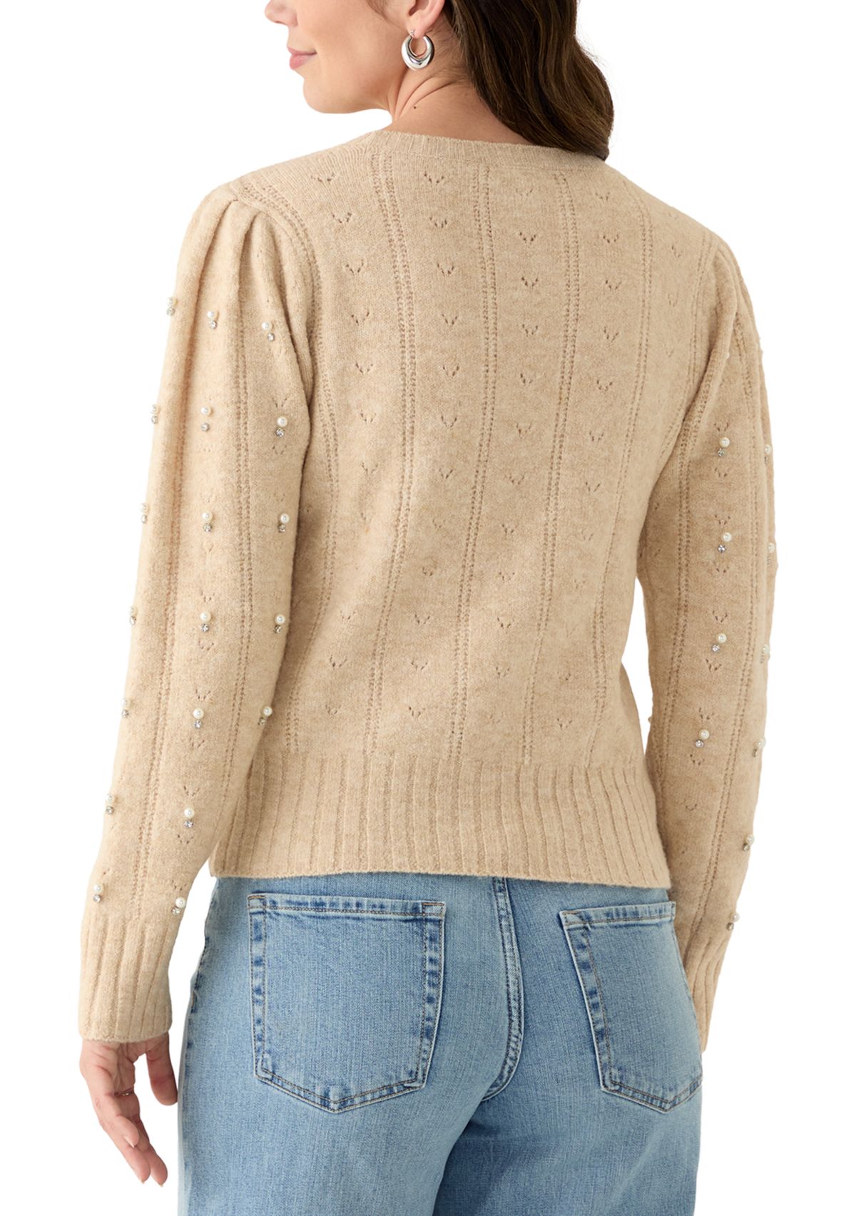 Womens Long Sleeve Pearl Embellished Cable Knit Sweater