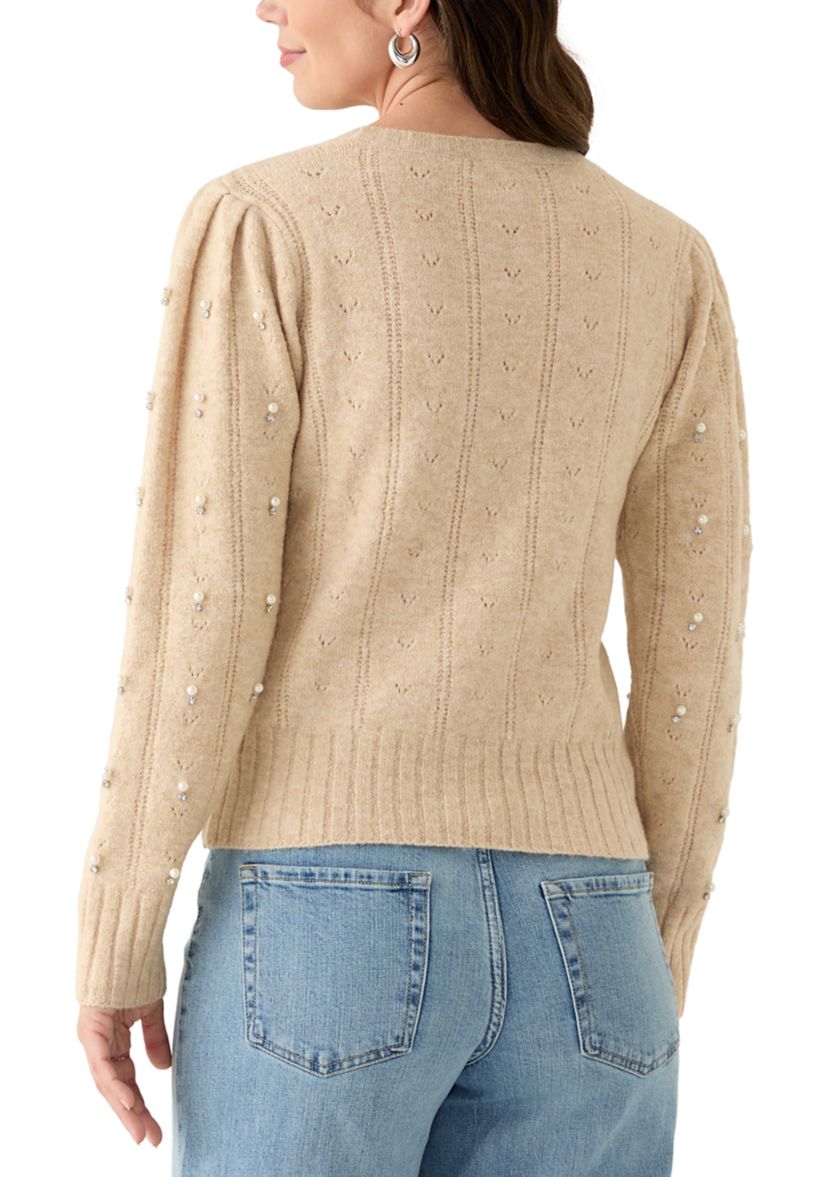 Womens Long Sleeve Pearl Embellished Cable Knit Sweater