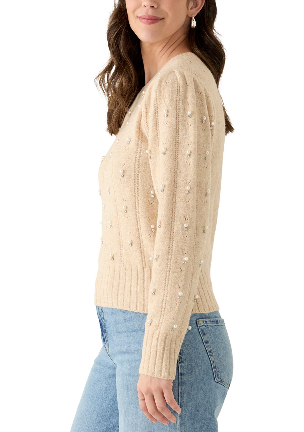 Womens Long Sleeve Pearl Embellished Cable Knit Sweater