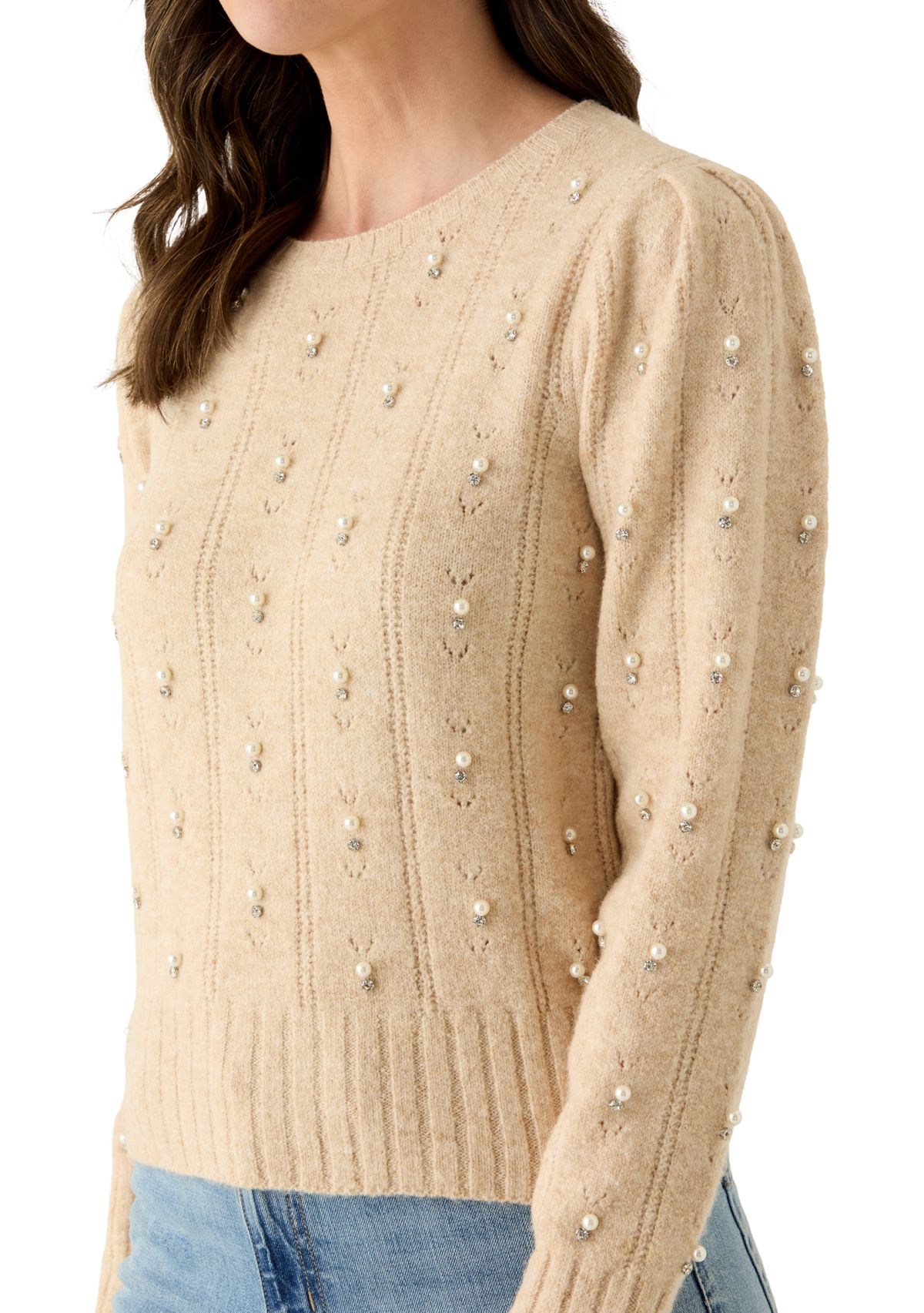 Womens Long Sleeve Pearl Embellished Cable Knit Sweater