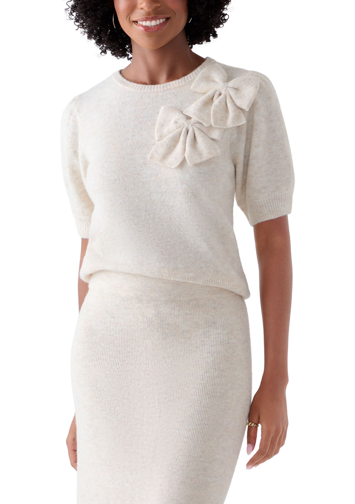 Womens Puff Short Sleeve Floral Sweater 