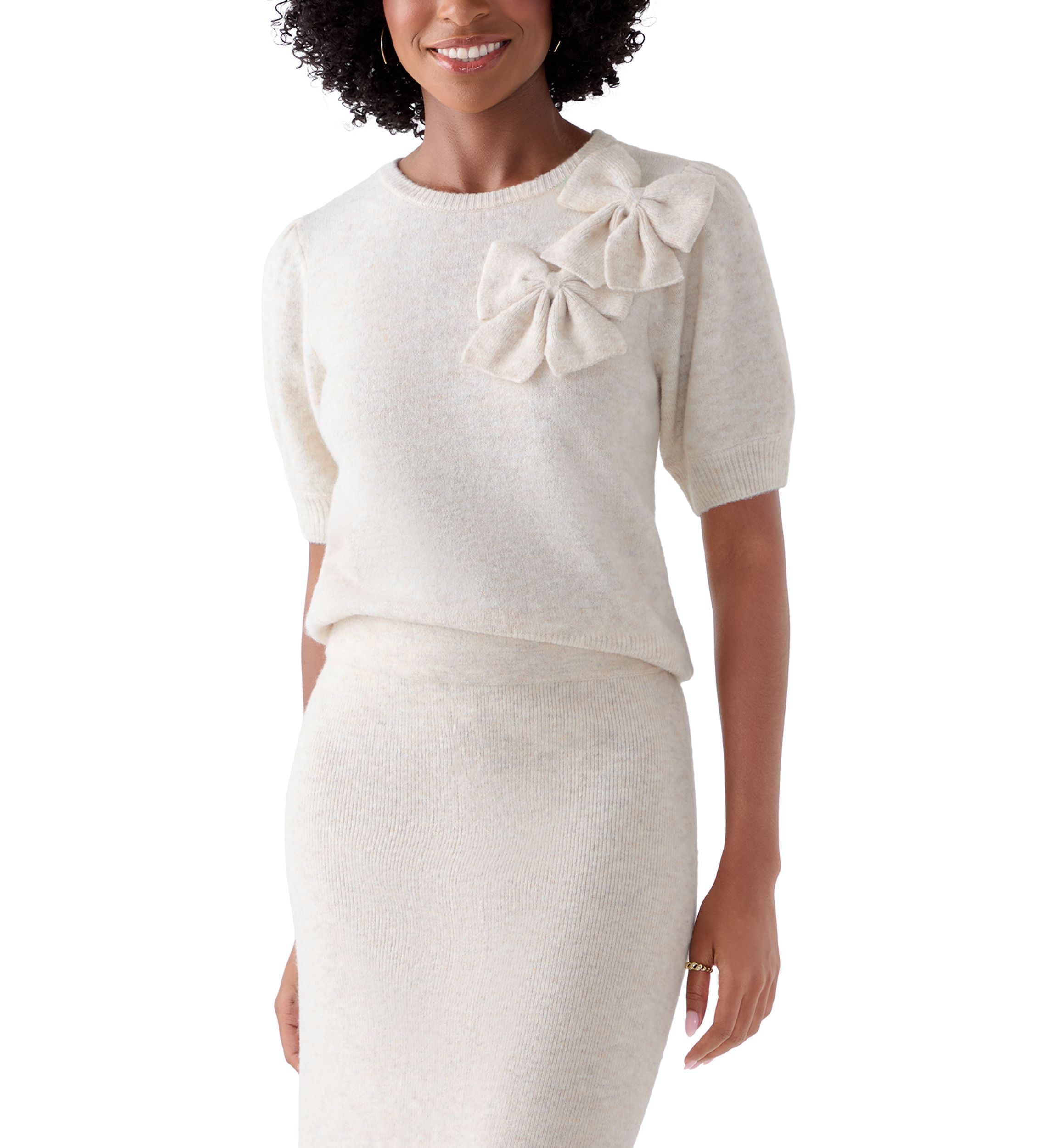 Womens Puff Short Sleeve Floral Sweater 
