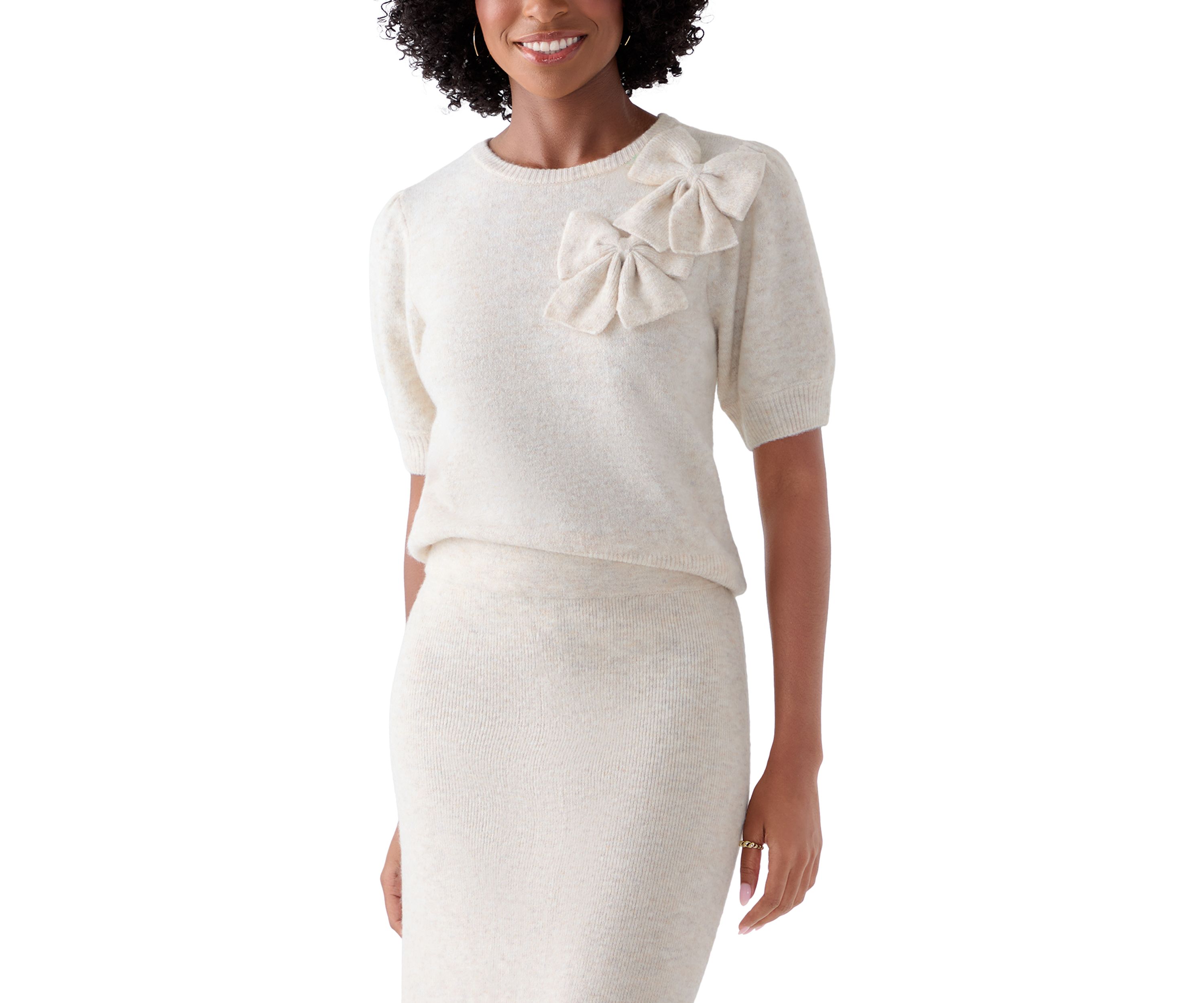 Womens Puff Short Sleeve Floral Sweater 