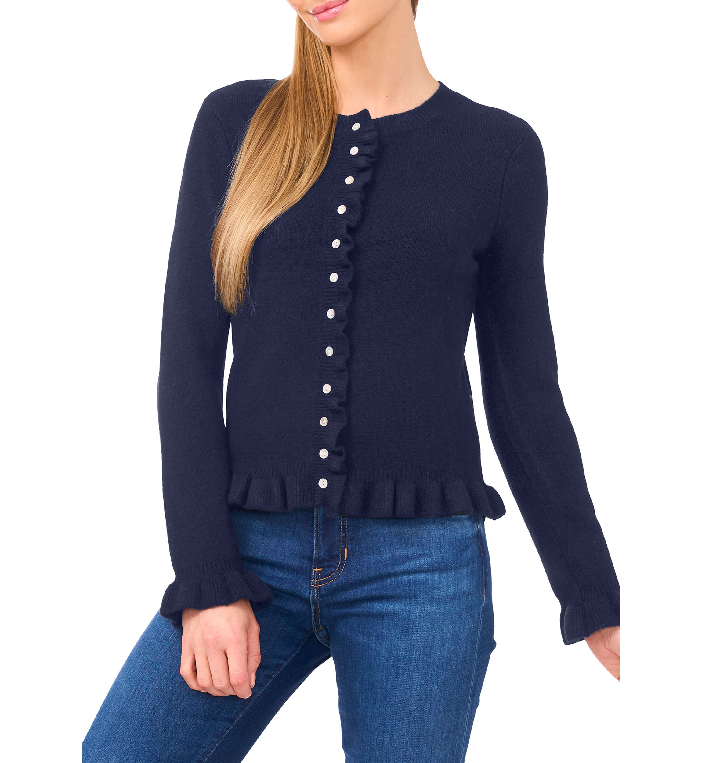 Womens Long Sleeve Ruffle Trim Cardigan Sweater 