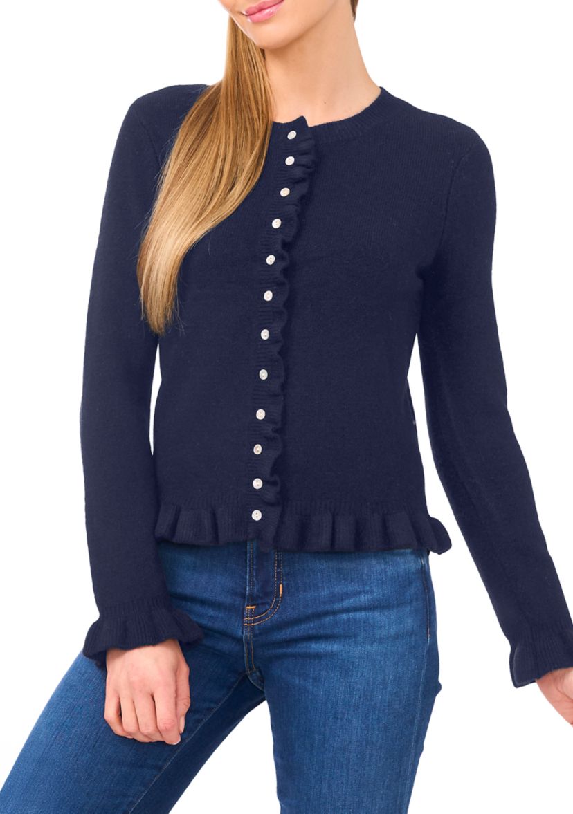 Womens Long Sleeve Ruffle Trim Cardigan Sweater 