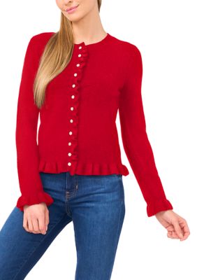 CeCe Women's Long Sleeve Ruffle Trim Cardigan Sweater, Small