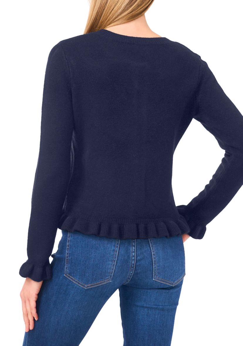 Womens Long Sleeve Ruffle Trim Cardigan Sweater 