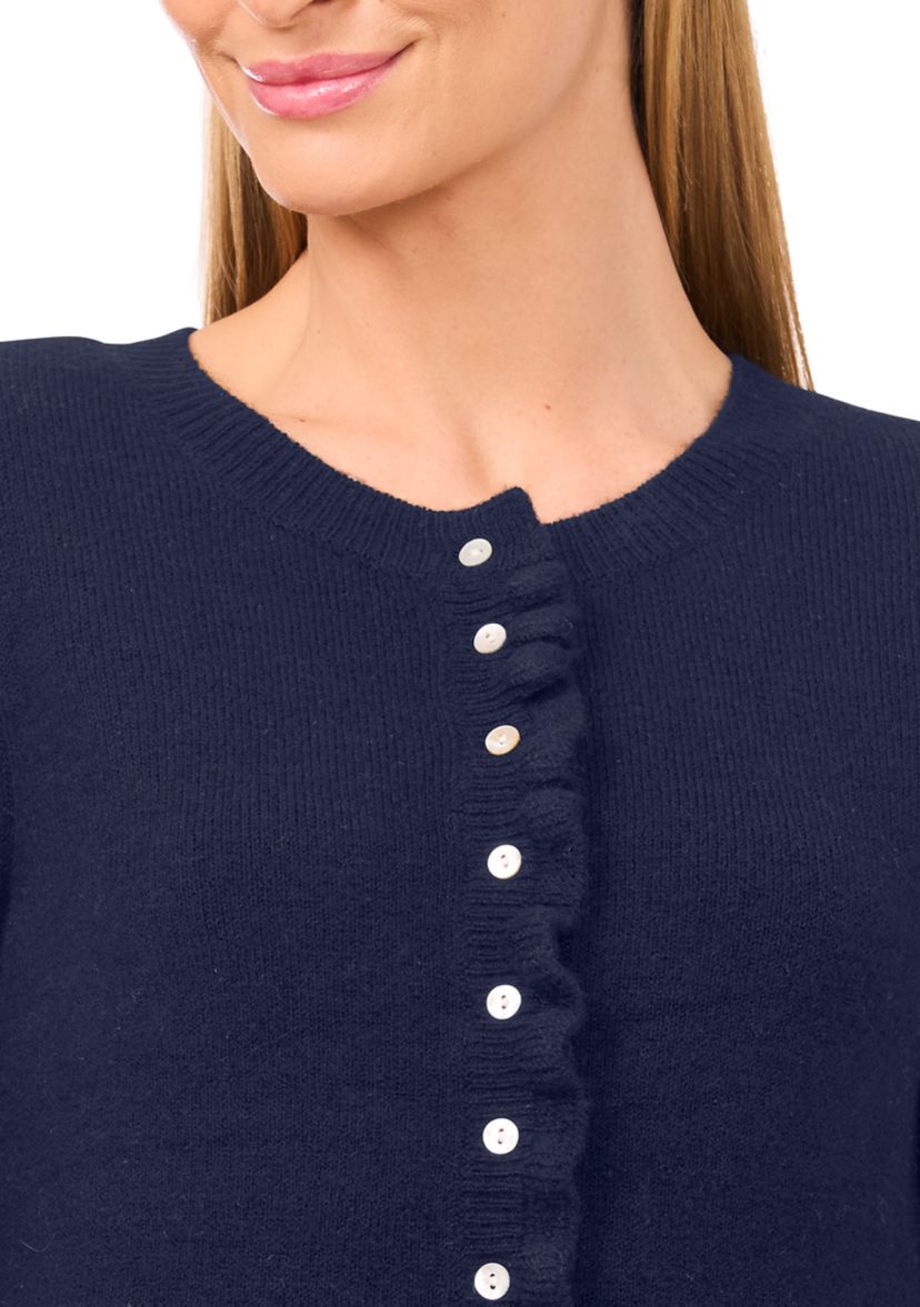 Womens Long Sleeve Ruffle Trim Cardigan Sweater 