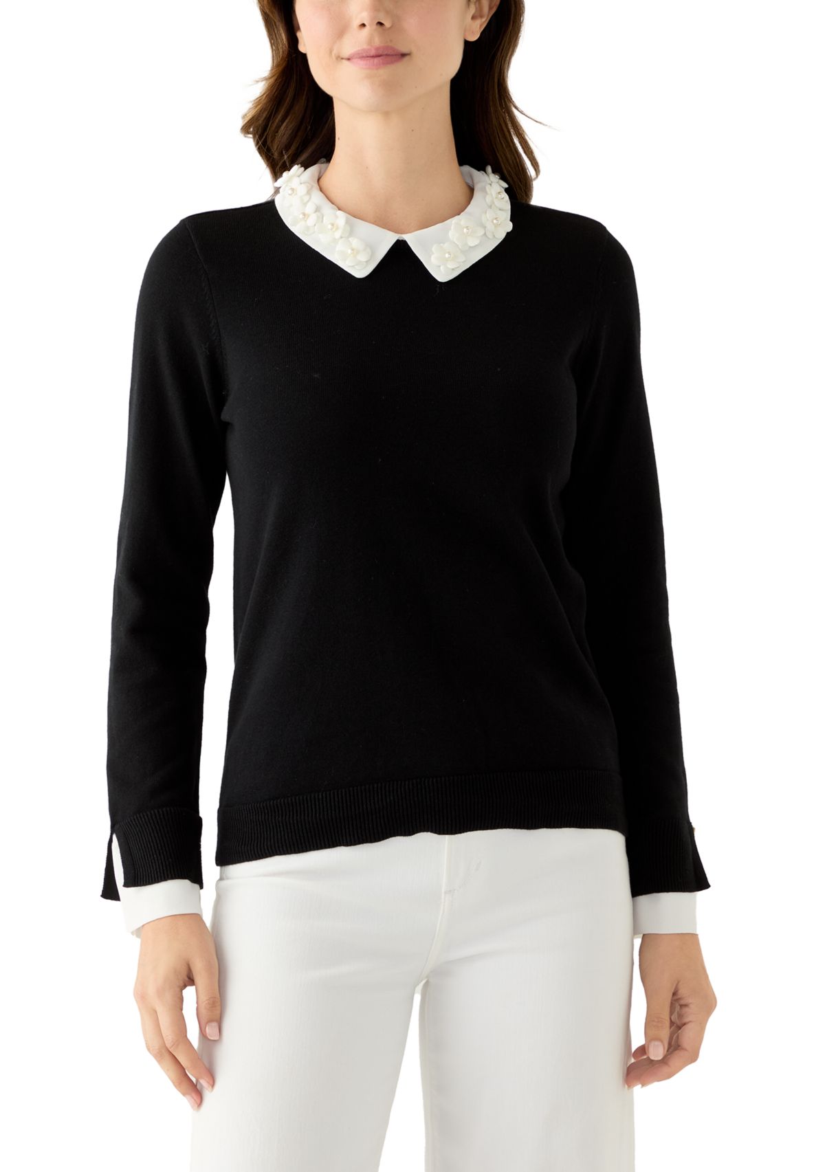 Womens Long Sleeve Woven Collar Cuffed Sweater