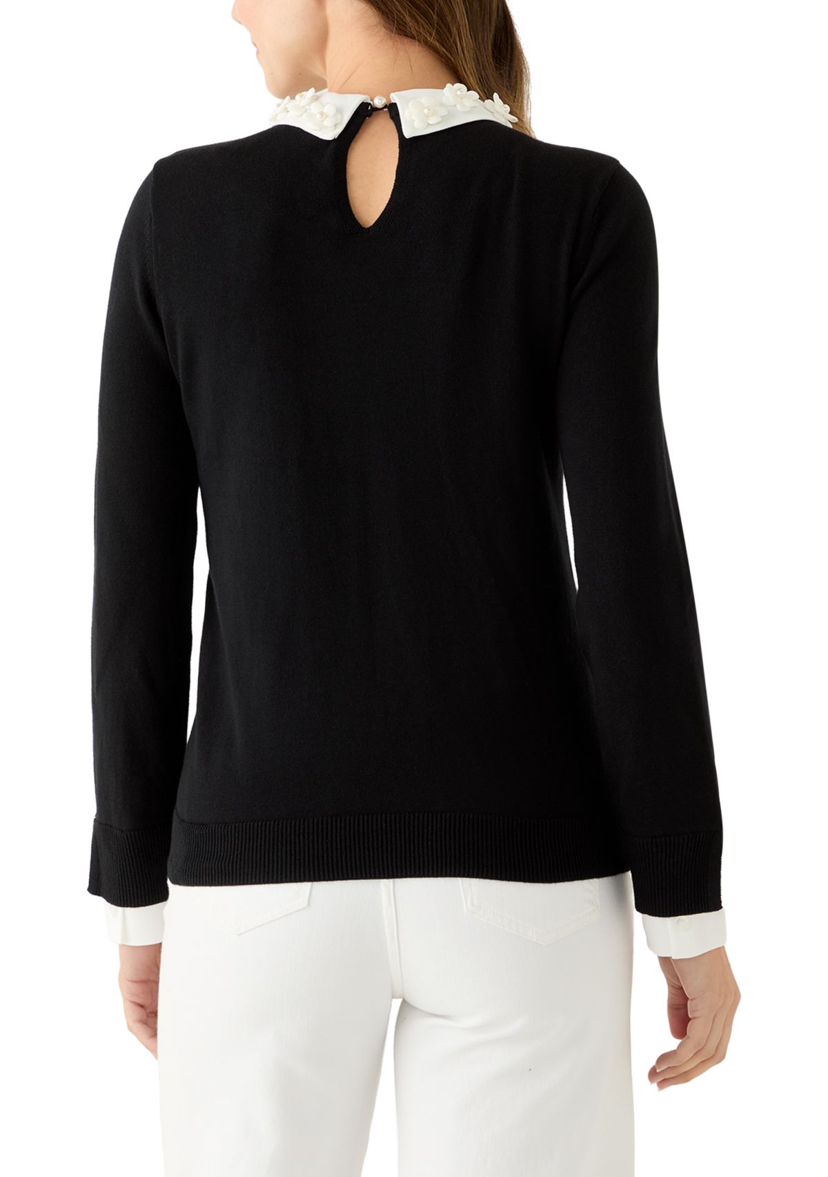 Womens Long Sleeve Woven Collar Cuffed Sweater