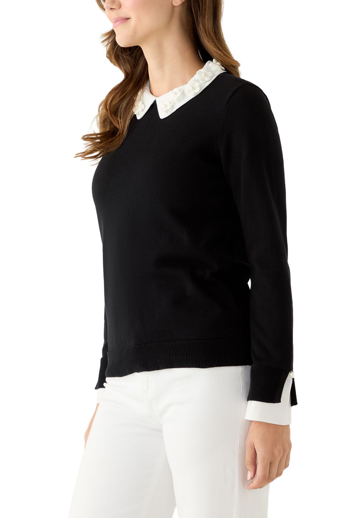 Womens Long Sleeve Woven Collar Cuffed Sweater