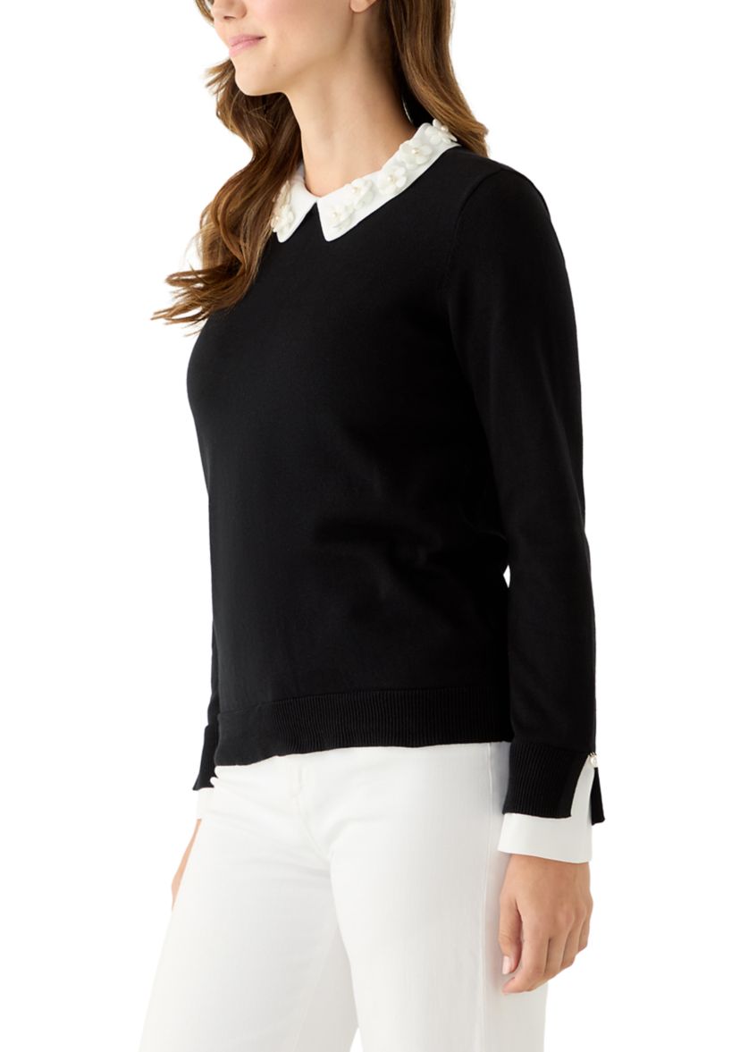 Womens Long Sleeve Woven Collar Cuffed Sweater