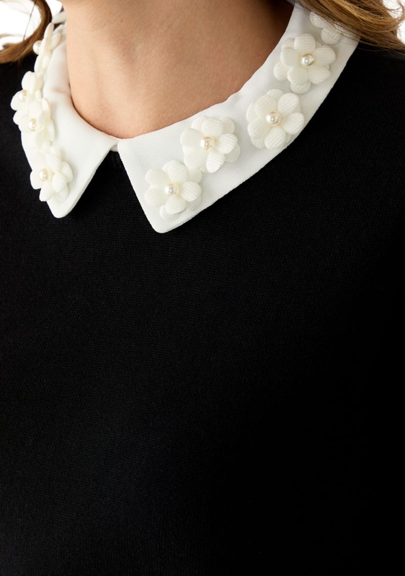 Womens Long Sleeve Woven Collar Cuffed Sweater