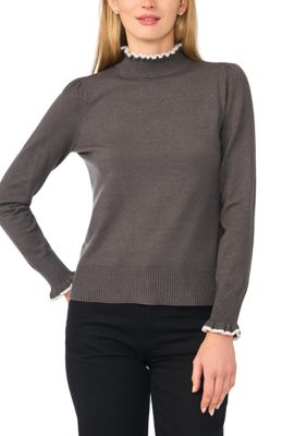 CeCe Women's Long Sleeve Tipped Ruffle Funnel Neck Sweater, Grey, XS