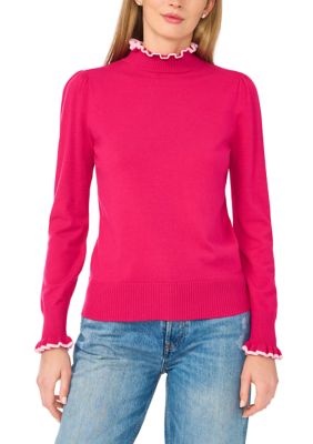 CeCe Women's Long Sleeve Tipped Ruffle Funnel Neck Sweater