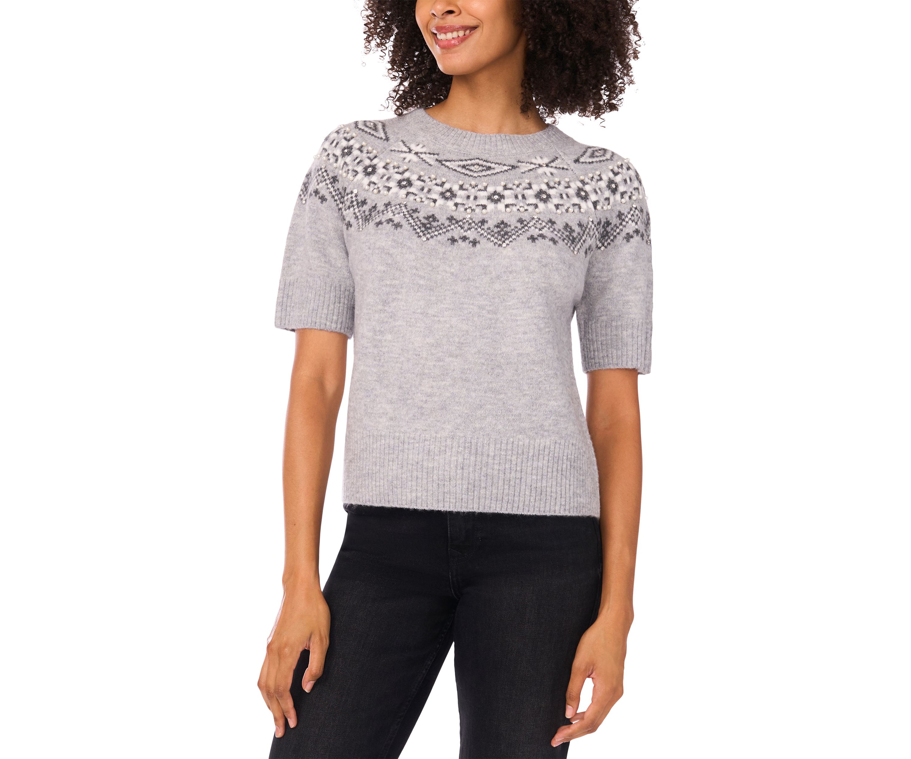 Womens Short Sleeve Fairisle Embroidered Sweater 