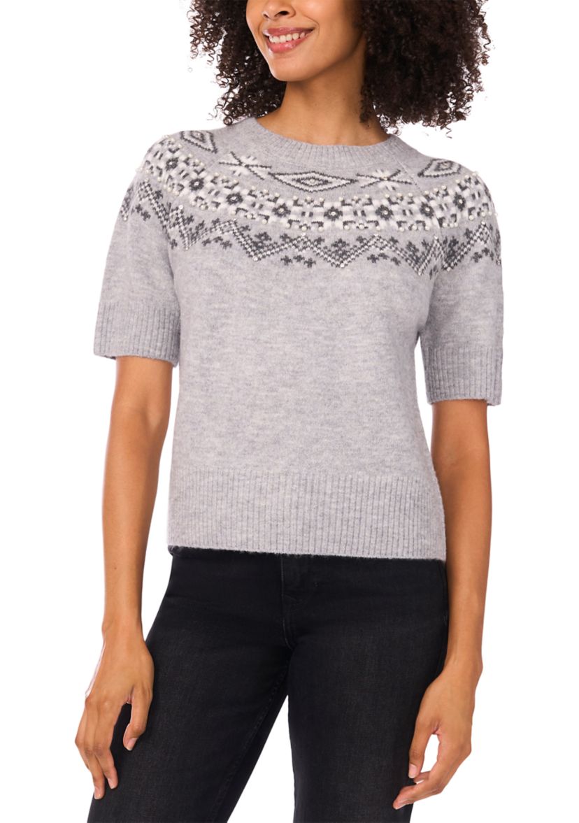 Womens Short Sleeve Fairisle Embroidered Sweater 