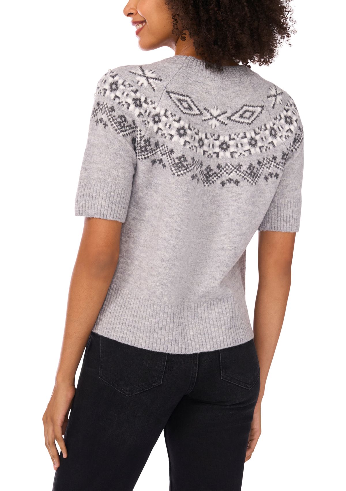 Womens Short Sleeve Fairisle Embroidered Sweater 