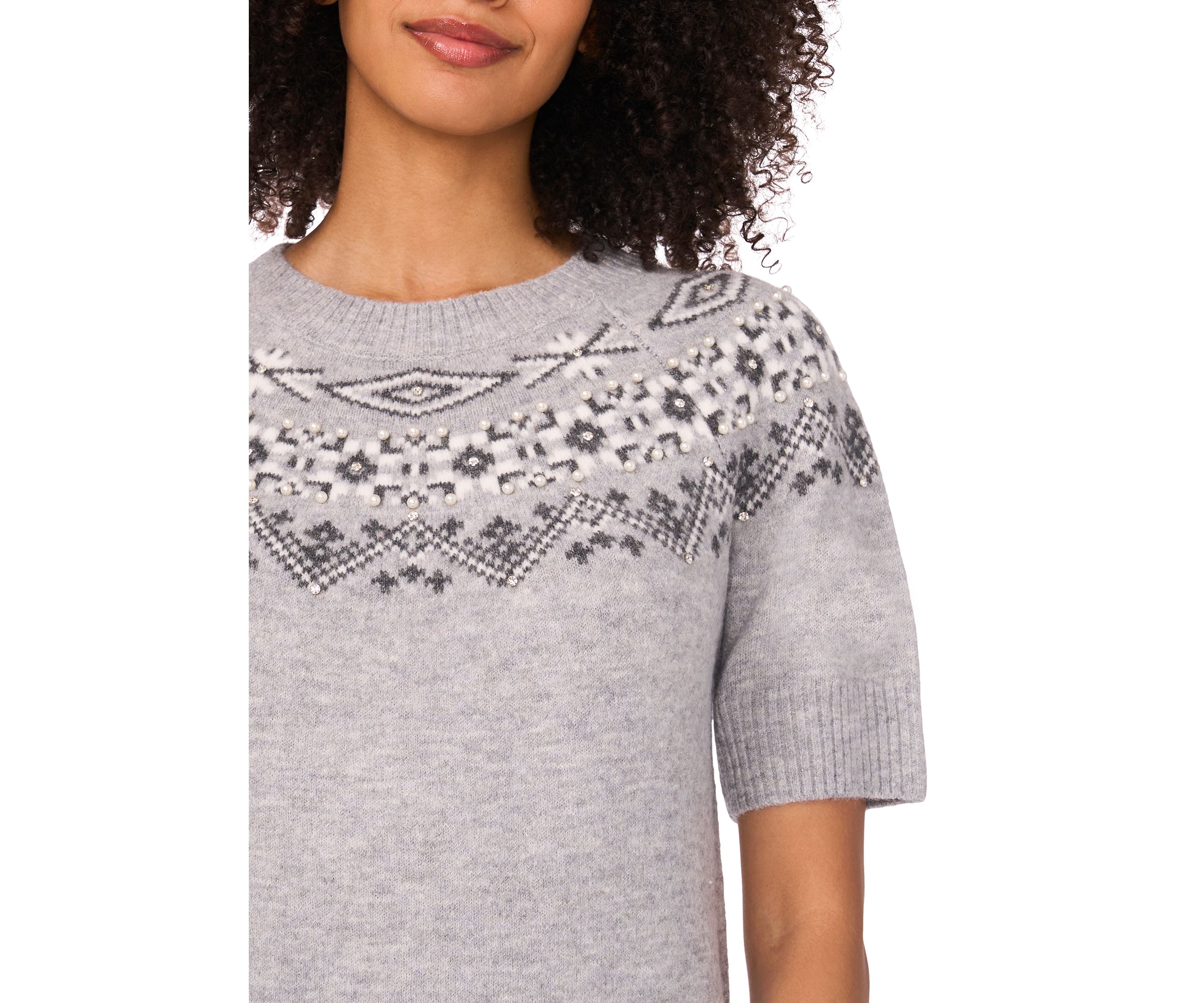 Womens Short Sleeve Fairisle Embroidered Sweater 