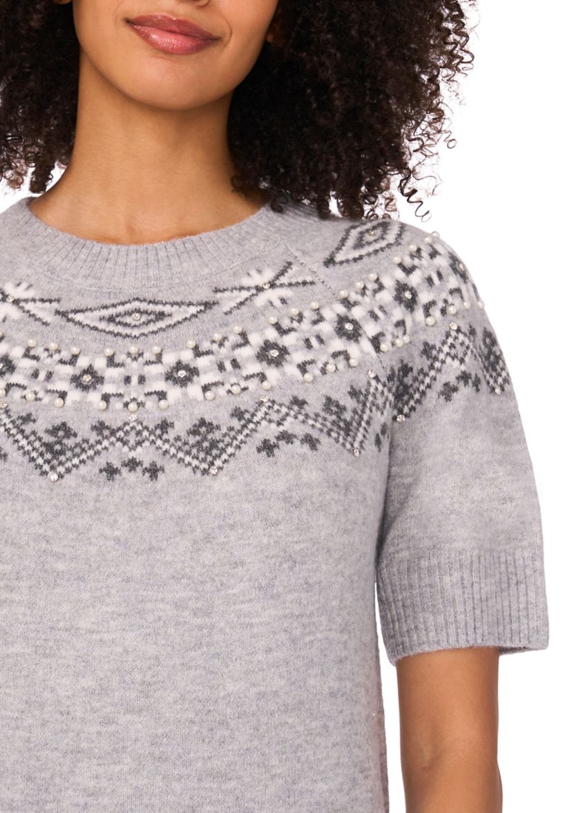 Womens Short Sleeve Fairisle Embroidered Sweater 