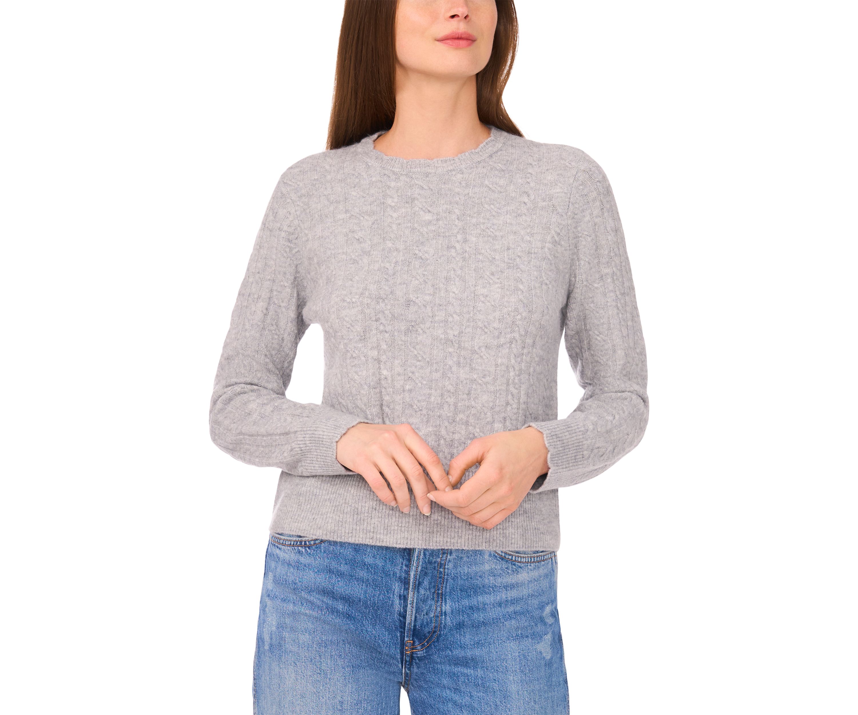 Womens Long Sleeve Scallop Trim Cable Knit Sweater 